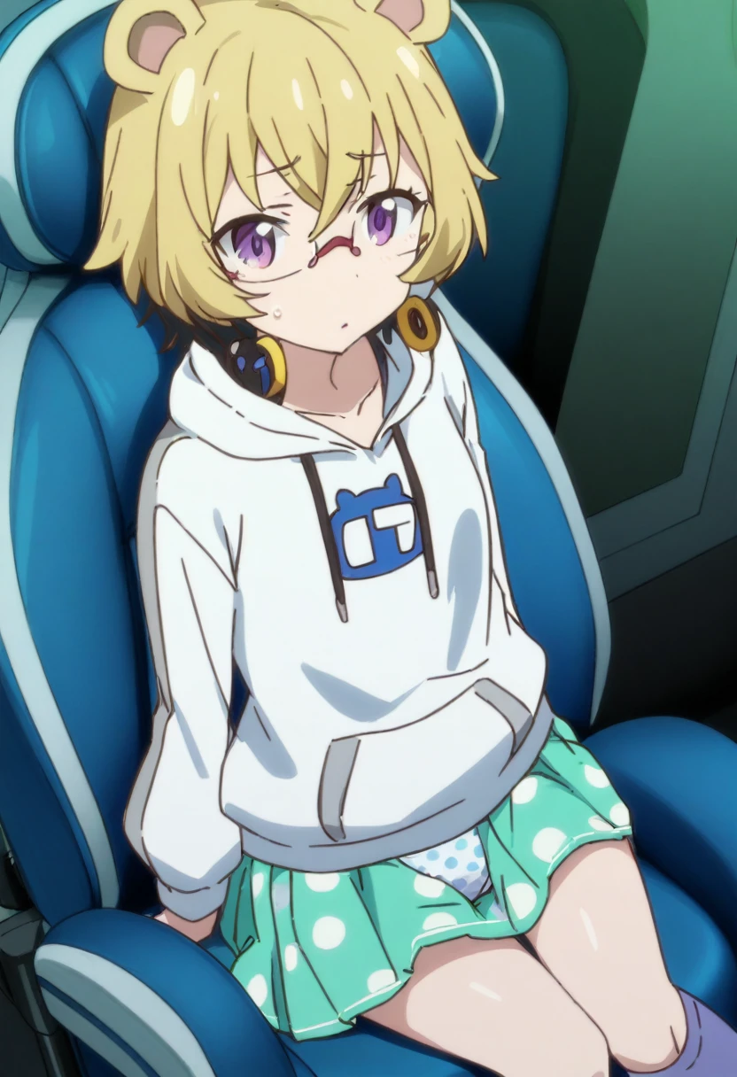 1 girl, solo, Ito, hood with animal ears, white hoodie, blonde hair, glasses, multicolored hair, blue polka dot panties, purple eyes, short hair, aqua skirt, socks, sitting on gamer chair, 