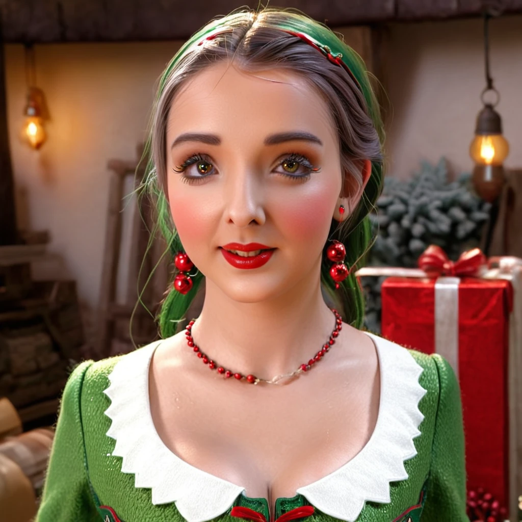 a cute elf woman, intricate green outfit with red trim and bells, santa's workshop, toy assembly line, happy expression, detailed face, beautiful eyes, small nose, lovely lips, long eyelashes, detailed hands, (best quality,4k,8k,highres,masterpiece:1.2),ultra-detailed,(realistic,photorealistic,photo-realistic:1.37),fantasy,illustration,digital painting,vibrant colors,warm lighting,christmas theme,whimsical