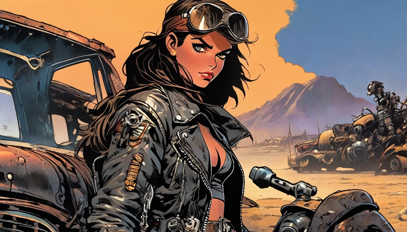 1girl, expressive eyes, wink, tanned skin, in madmax leather jacket, vaul-boy pose, wasteland in sunset in background, detail richness, masterpiece, best quality, fallout style, pulp's comics style