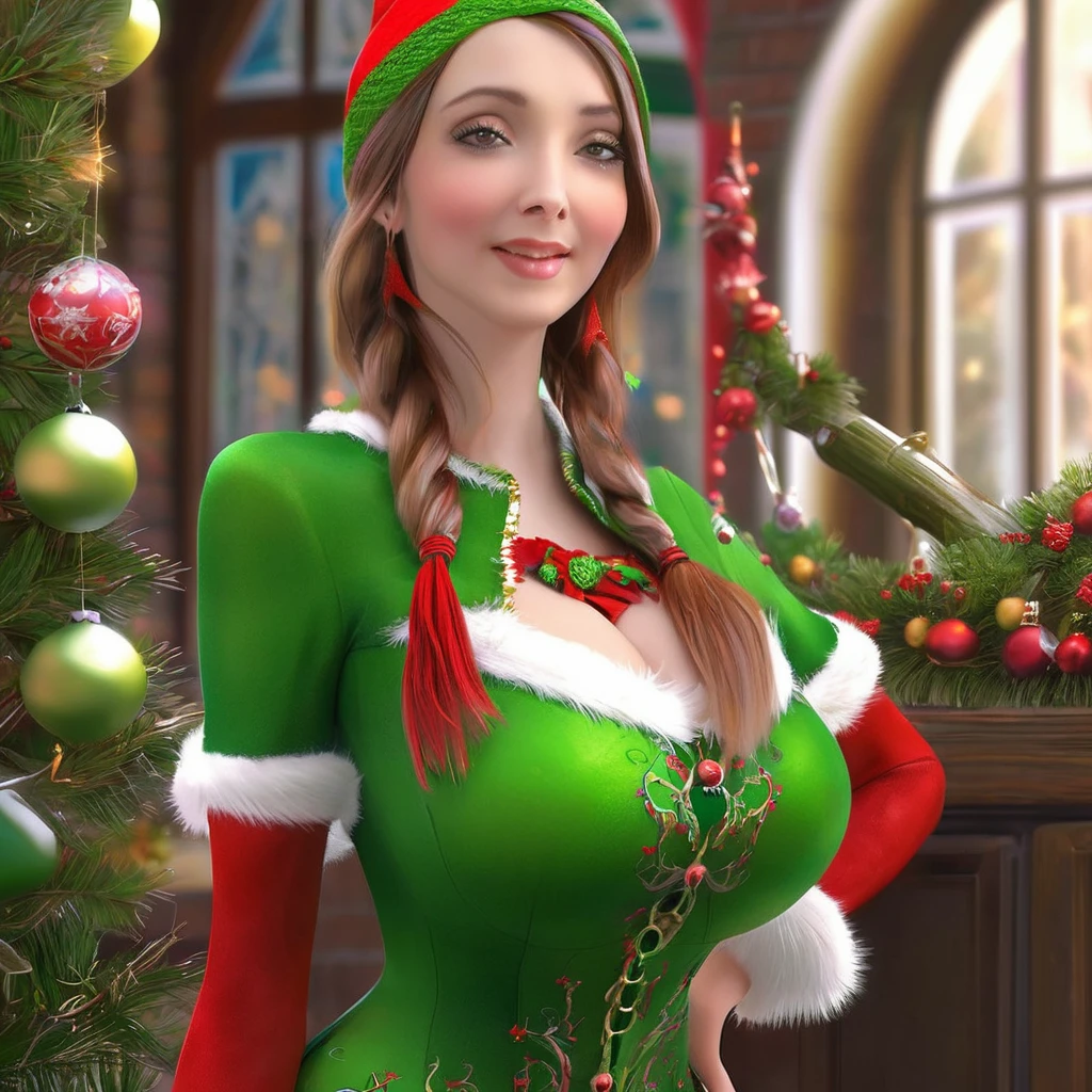 a cute elf woman, intricate green outfit with red trim and bells, santa's workshop, toy assembly line, happy expression, detailed face, beautiful eyes, small nose, lovely lips, long eyelashes, detailed hands, (best quality,4k,8k,highres,masterpiece:1.2),ultra-detailed,(realistic,photorealistic,photo-realistic:1.37),fantasy,illustration,digital painting,vibrant colors,warm lighting,christmas theme,whimsical
