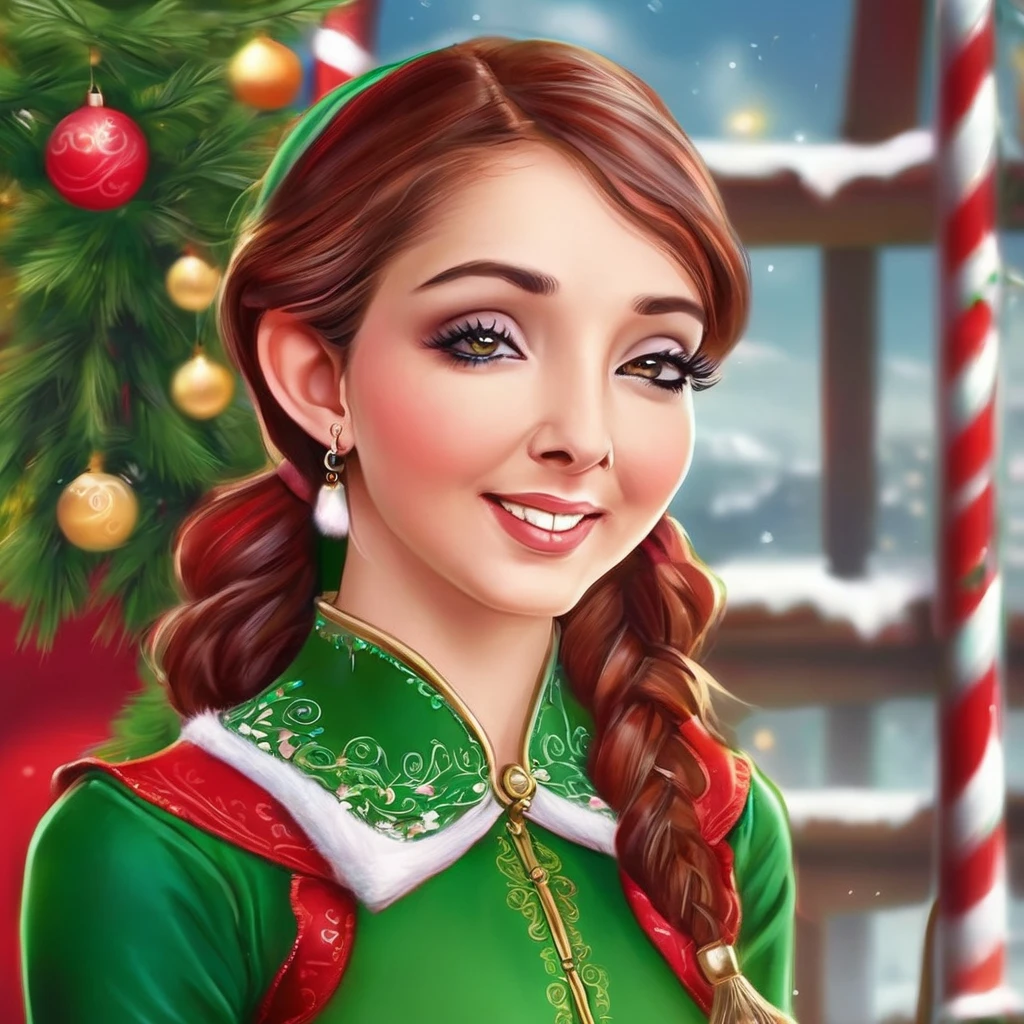 a cute elf woman, intricate green outfit with red trim and bells, santa's workshop, toy assembly line, happy expression, detailed face, beautiful eyes, small nose, lovely lips, long eyelashes, detailed hands, (best quality,4k,8k,highres,masterpiece:1.2),ultra-detailed,(realistic,photorealistic,photo-realistic:1.37),fantasy,illustration,digital painting,vibrant colors,warm lighting,christmas theme,whimsical