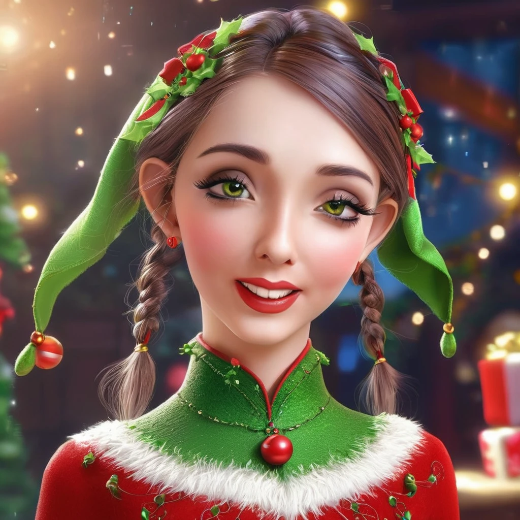 a cute elf woman, intricate green outfit with red trim and bells, santa's workshop, toy assembly line, happy expression, detailed face, beautiful eyes, small nose, lovely lips, long eyelashes, detailed hands, (best quality,4k,8k,highres,masterpiece:1.2),ultra-detailed,(realistic,photorealistic,photo-realistic:1.37),fantasy,illustration,digital painting,vibrant colors,warm lighting,christmas theme,whimsical