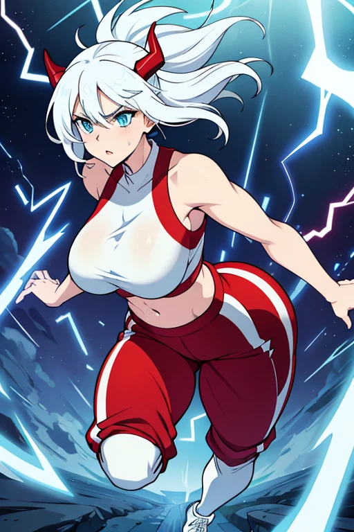 -artwork- -4k- -high quality- a completely white entity, bright white hair, light blue eyes, no human features, sexy female body, big breasts, big butt, big waist, red horns, dressed in sportswear, sweatpants, running at the speed of light, displaying lightning bolts, with a serious expression