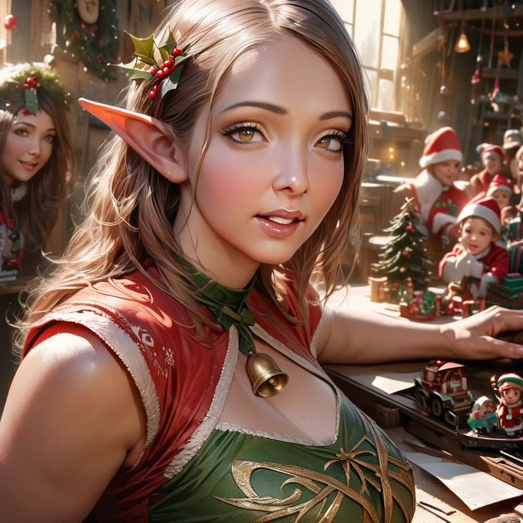a cute elf woman, intricate green outfit with red trim and bells, santa's workshop, toy assembly line, happy expression, detailed face, beautiful eyes, small nose, lovely lips, long eyelashes, detailed hands, (best quality,4k,8k,highres,masterpiece:1.2),ultra-detailed,(realistic,photorealistic,photo-realistic:1.37),fantasy,illustration,digital painting,vibrant colors,warm lighting,christmas theme,whimsical
