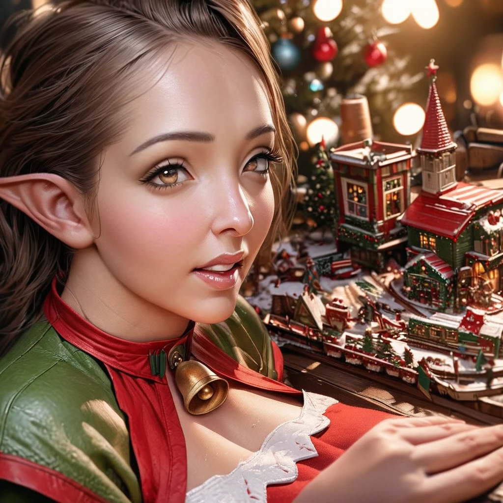 a cute elf woman, intricate green outfit with red trim and bells, santa's workshop, toy assembly line, happy expression, detailed face, beautiful eyes, small nose, lovely lips, long eyelashes, detailed hands, (best quality,4k,8k,highres,masterpiece:1.2),ultra-detailed,(realistic,photorealistic,photo-realistic:1.37),fantasy,illustration,digital painting,vibrant colors,warm lighting,christmas theme,whimsical