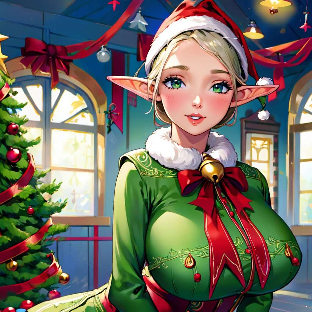 a cute elf woman, intricate green outfit with red trim and bells, santa's workshop, toy assembly line, happy expression, detailed face, beautiful eyes, small nose, lovely lips, long eyelashes, detailed hands, (best quality,4k,8k,highres,masterpiece:1.2),ultra-detailed,(realistic,photorealistic,photo-realistic:1.37),fantasy,illustration,digital painting,vibrant colors,warm lighting,christmas theme,whimsical