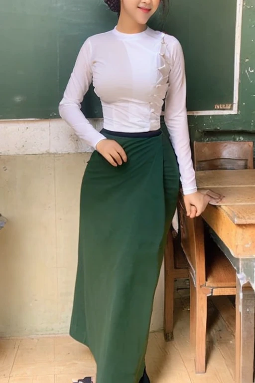 A school teacher is 30years old.Tall, thin, big hips, big breasts, black hair, small lips, brown eyes, attractive, K.Top=white Burmese blouse,With long sleeves,Buttoned at the side.Bottom=(Dark green) long skirt.
Footwear=female Burmese sandals,The hair is knotted bun.
