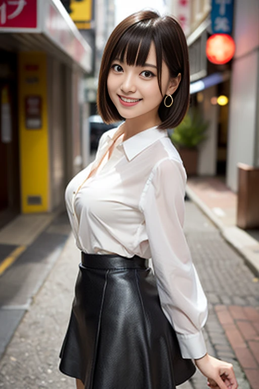 RAW Photos, highest quality, Realistic, Cute Japanese Girl, 女の子1 person, (Very slim and slender fit muscular body:1.3), ((View Viewer)),(Big smile:1.3), (No people in the background:1.3), Beautiful earrings, Front shot, (Big eyes), (whole bodyショット), Small breasts, ((Backtrack, Buckshot)), Upper Shot,（masterpiece）、Healthy thighs、(Narrow waist)、Big Ass、（Beautiful legs）、((Perfectly detailed five-fingered hands)),（Anatomically correct body）、((1 female:1.4))、Japanese、Asian、Realistic Skin、（Small chest：1.4）、Bust size is C cup、Pretty woman with perfect figure:1.4,(from the front:1.5), (Skin Textureの美しさを高める:1.1), (Beautiful fine details), (Detailed face),Beautiful realistic face,No makeup、美しいBlack Hair、The best smile、Natural color lip、(Small Mouth:1.2)、(Oval Face)、Even bangs、Hide eyebrows with bangs、((29-year-old woman))、Bob Hair、Hair blowing in the wind, (Black Hair, Iris, Watery eyes, Shining Eyes, Bob cut hair, Small earrings,), Hair behind the ear、No makeup、(Drooping eyes)、Drooping eye corners、女の子1 person, Cute Smile.whole body、(((1 personの素敵な女性)),((優しいBig smile)),(( Small breasts,Small breastsの谷間)),((((Plump Cheeks)))),((whole body：1.５))、(Narrow waist、Slender Body)、Sexy and cute look and cute 29-year-old, Hair blowing in the wind,C-cup breasts with firmness、Even bangs:1.4、whole bodyショット、,(((Beautiful woman boasting toned hips and muscular buttocks))),((( Shapely big ass))),(A toned waist is best:1.4),(((Attractive woman wearing a white collared shirt and tight skirt in the city,1 person、A young and cute gravure idol,A young and slender gravure idol, Young Sensual Gravure Idol,:1.3))),,Dress shirt, Beautiful, smooth skin, Skin Texture, Floating Hair,Professional Lighting,