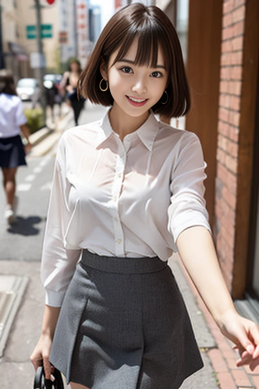 RAW Photos, highest quality, Realistic, Cute Japanese Girl, 女の子1 person, (Very slim and slender fit muscular body:1.3), ((View Viewer)),(Big smile:1.3), (No people in the background:1.3), Beautiful earrings, Front shot, (Big eyes), (whole bodyショット), Small breasts, ((Backtrack, Buckshot)), Upper Shot,（masterpiece）、Healthy thighs、(Narrow waist)、Big Ass、（Beautiful legs）、((Perfectly detailed five-fingered hands)),（Anatomically correct body）、((1 female:1.4))、Japanese、Asian、Realistic Skin、（Small chest：1.4）、Bust size is C cup、Pretty woman with perfect figure:1.4,(from the front:1.5), (Skin Textureの美しさを高める:1.1), (Beautiful fine details), (Detailed face),Beautiful realistic face,No makeup、美しいBlack Hair、The best smile、Natural color lip、(Small Mouth:1.2)、(Oval Face)、Even bangs、Hide eyebrows with bangs、((29-year-old woman))、Bob Hair、Hair blowing in the wind, (Black Hair, Iris, Watery eyes, Shining Eyes, Bob cut hair, Small earrings,), Hair behind the ear、No makeup、(Drooping eyes)、Drooping eye corners、女の子1 person, Cute Smile.whole body、(((1 personの素敵な女性)),((優しいBig smile)),(( Small breasts,Small breastsの谷間)),((((Plump Cheeks)))),((whole body：1.５))、(Narrow waist、Slender Body)、Sexy and cute look and cute 29-year-old, Hair blowing in the wind,C-cup breasts with firmness、Even bangs:1.4、whole bodyショット、,(((Beautiful woman boasting toned hips and muscular buttocks))),((( Shapely big ass))),(A toned waist is best:1.4),(((Attractive woman wearing a white collared shirt and tight skirt in the city,1 person、A young and cute gravure idol,A young and slender gravure idol, Young Sensual Gravure Idol,:1.3))),,Dress shirt, Beautiful, smooth skin, Skin Texture, Floating Hair,Professional Lighting,