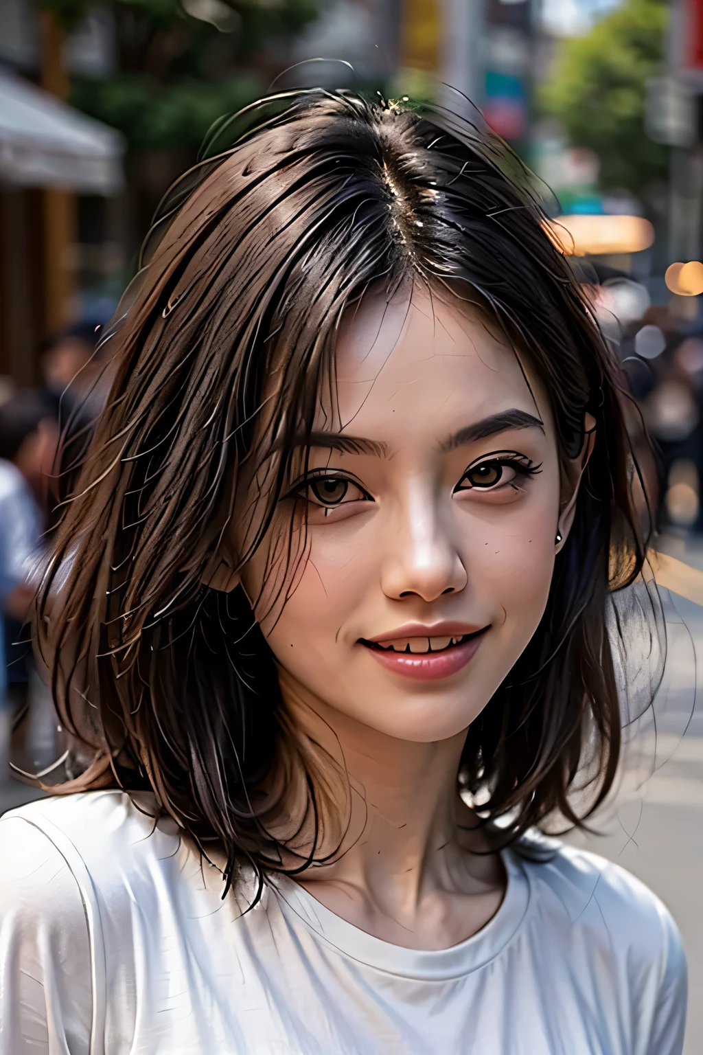 (8k, RAW Photos, highest quality, masterpiece, Realistic, Realistic), (1 female), (The ultimate beautiful Japanese MILF), Highly detailed face, (Perfect Teeth), Beautiful Eyes, double eyelid, eyelash, ((smile)), Lip details, (Neat brunette bob), The light shines on your face, (Big Breasts), ((Blue T-shirt)), (Upper Body), ((background: none))