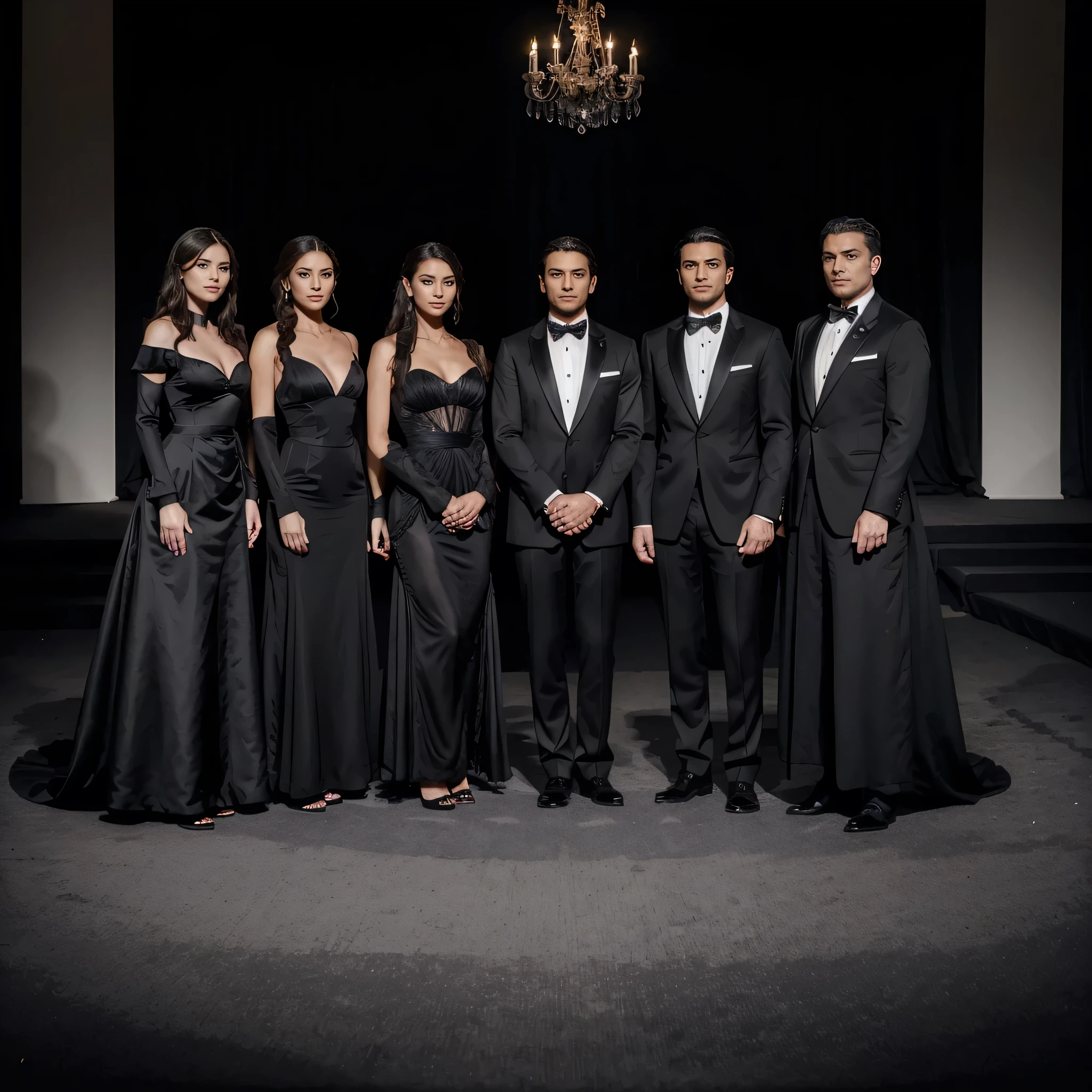 Capture the elegance and sophistication of seven individuals, comprising three men and four women, dressed in black attire. The three men don black tuxedos, while the four women adorn themselves in long black gowns. They stand side by side on the grand opera stage, exuding an air of utmost refinement and poise. Ensure the image is a realistic, ultra HD portrayal of this scene.