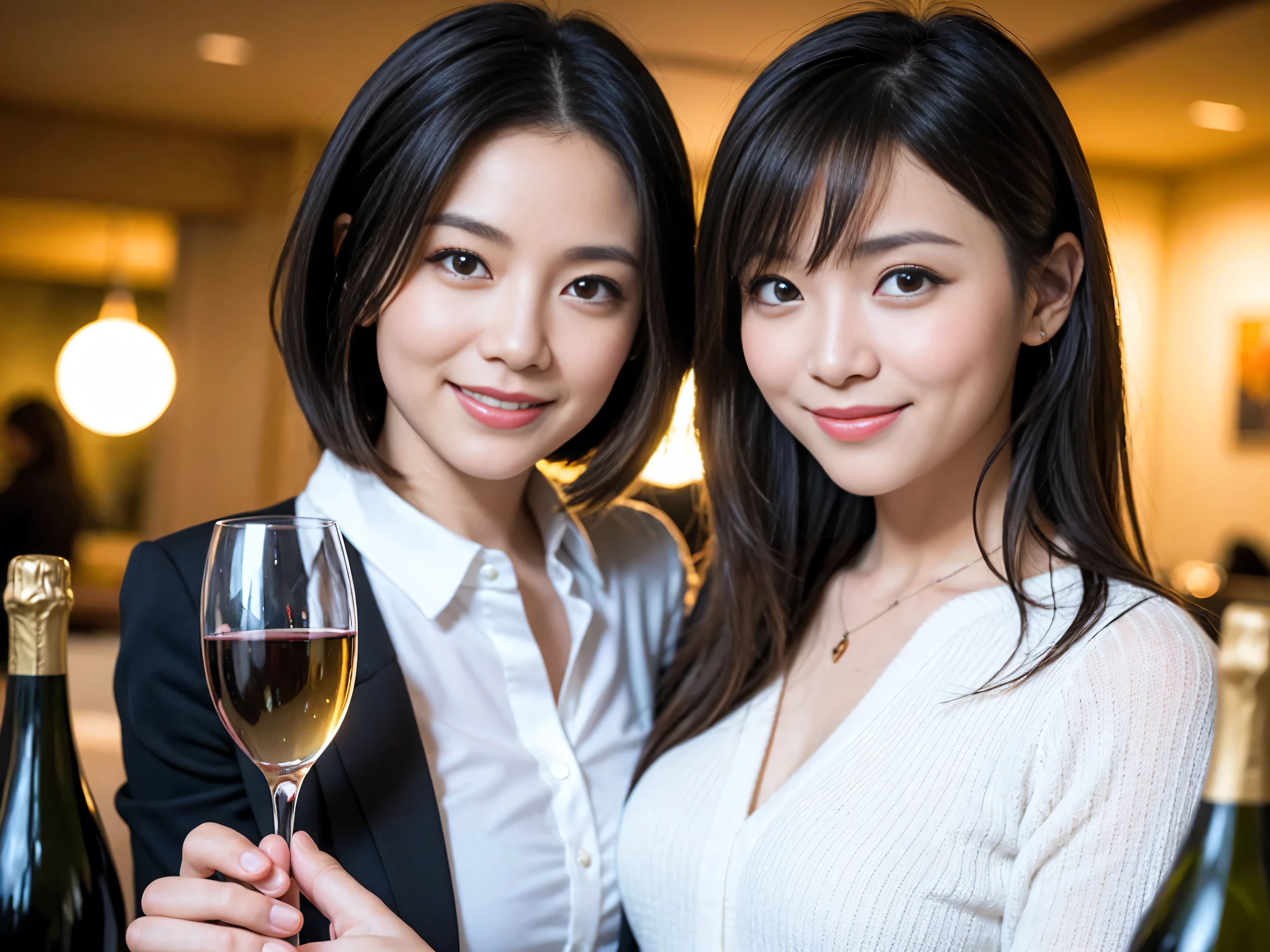 ((highest quality、8k、masterpiece:1.3))、1 male、1 female、Couple、Spouse、Satomi Ishihara-like beautiful couple、The body is slim、((Bob Hale、Straight hair:1.2)), (Realistic, Intricate details:1.2), Wine glass on the table、Put the light on your face、 Amazing view of the sunset sky and clouds、Amazing mountain views、A bright smile、The wonderfulness of smile、Bright image、The beauty of wine, Beautiful Face, blue eyes, The light shines on your face, Blushing, short hair,Bright Face、 (Age 35), 39 years old, red wine 、Appetizers、Italian food、Wine bottle、Champagne、sparkling wine、Two beauties、Brown Hair、Shortcuts、Long sleeve shirt、dress、Pretty Woman 1, (Slim face), (The body is slim), (Brown Hair), (Shortcuts), cheeks turn a little red,Attractive beauty、restaurant, In a prominent place (From the waist up) Nova Frog Style, actress, model, Upper Body, White wine, slim, wine glass, A wine glass placed in the center, smile, (smile: 1.15), Beautiful fine grain, Depth f/2,saturation, High Contrast, Strong light and shadow,Moist Body:1.5、3D texture、Delicate eyes、Brown Hair、The hair is very shiny、