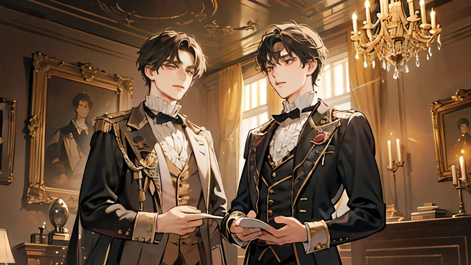 male, 28-year-old,18th century aristocrat,splendid living room，Full of exquisite oil paintings，There is a gorgeous crystal chandelier on the ceiling