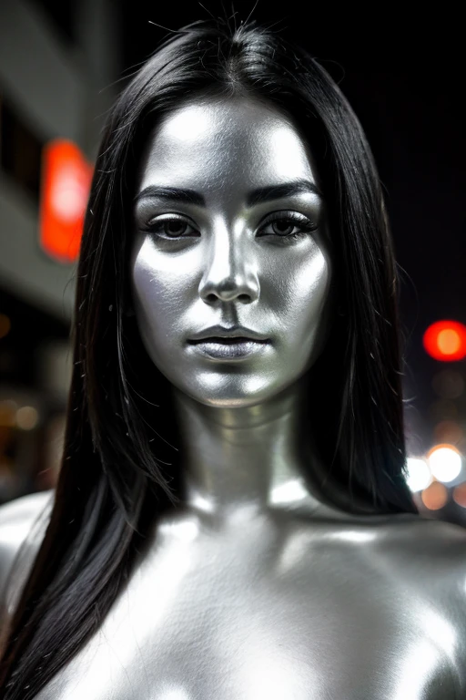 city street, neon, fog, volumetric, closeup portrait photo of beautiful young Mexican woman silver living statue, perfectly body, head, face metallic chrome silver paint, detailed facial head body, (lifelike expression), living statue, only metallic chrome silver tones, perfectly drawn face head body, black hair, long straight hair, wearing black tank tops,