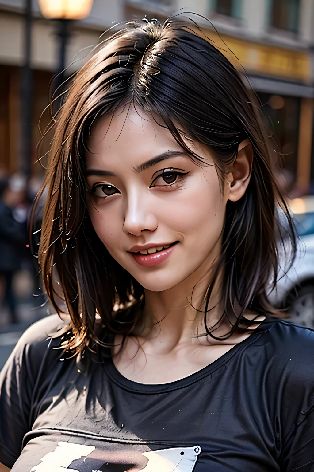 (8k, RAW Photos, highest quality, masterpiece, Realistic, Realistic), (1 female), (The ultimate beautiful Japanese MILF), Highly detailed face, (Perfect Teeth), Beautiful Eyes, double eyelid, eyelash, ((smile)), Lip details, (Neat brunette bob), The light shines on your face, (Big Breasts), ((Blue T-shirt)), (Upper Body), ((background: none))