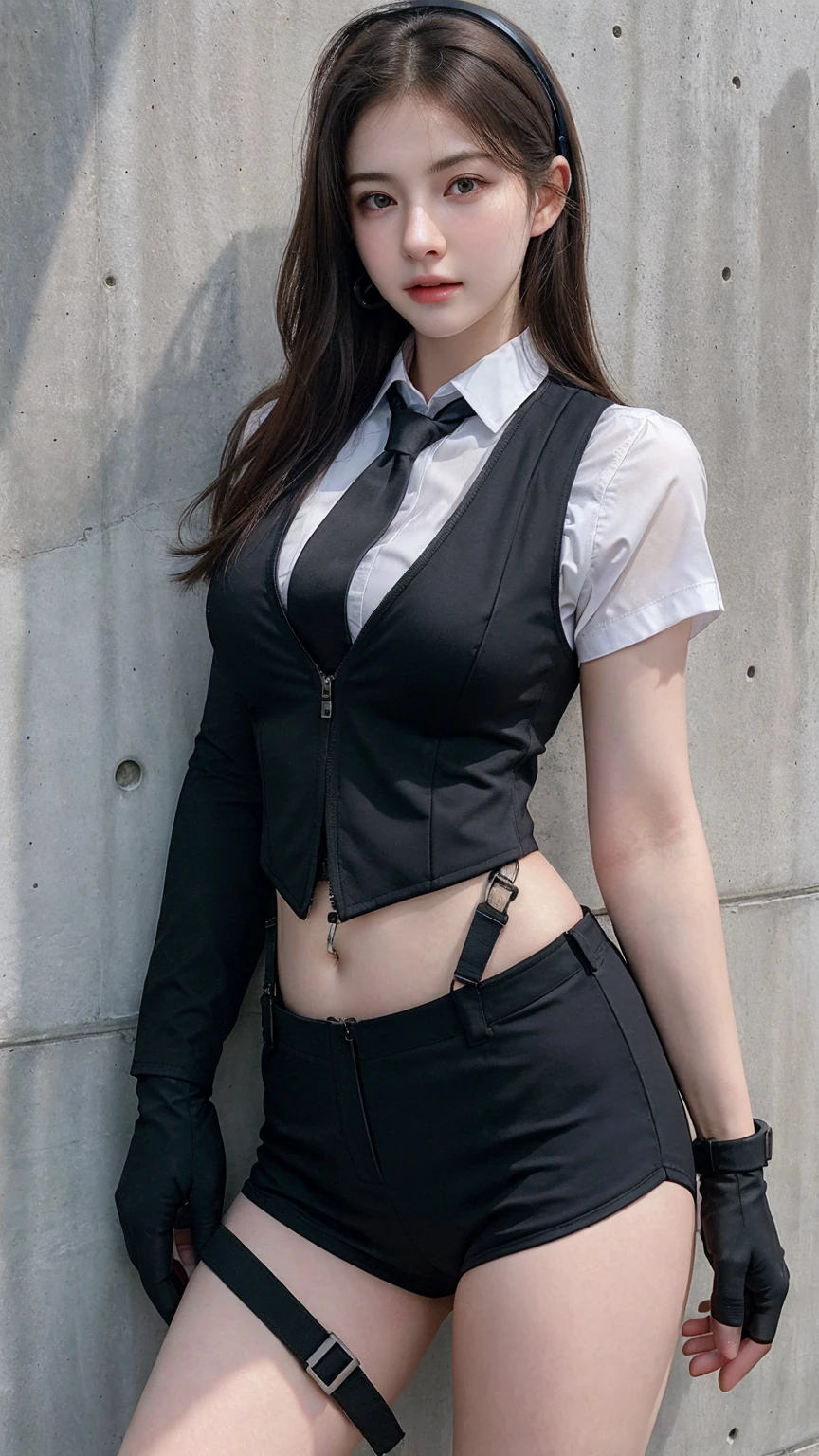 ((best quality)), photorealistic, photorealism, Photorealistic, high resolution, 1girl aiming with an assault rifle, Beautiful, , 20 Years Old, White Skin, pale skin, Large Breasts, huge breast, Combat pose, looking at the camera, (Detailed face), short hair, sexy body, (wearing business suit, shirt, formal suit, tactical vests, military harness, black gloves, high-tech headset), revealed thigh, Gun, Fingers are occluded, concrete wall background,