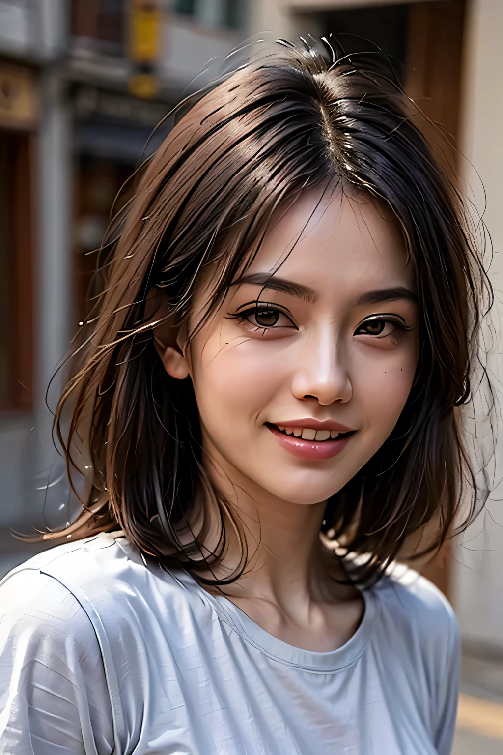 (8k, RAW Photos, highest quality, masterpiece, Realistic, Realistic), (1 female), (The ultimate beautiful Japanese MILF), Highly detailed face, (Perfect Teeth), Beautiful Eyes, double eyelid, eyelash, ((smile)), Lip details, (Neat brunette bob), The light shines on your face, (Big Breasts), ((Blue T-shirt)), (Upper Body), ((background: none))