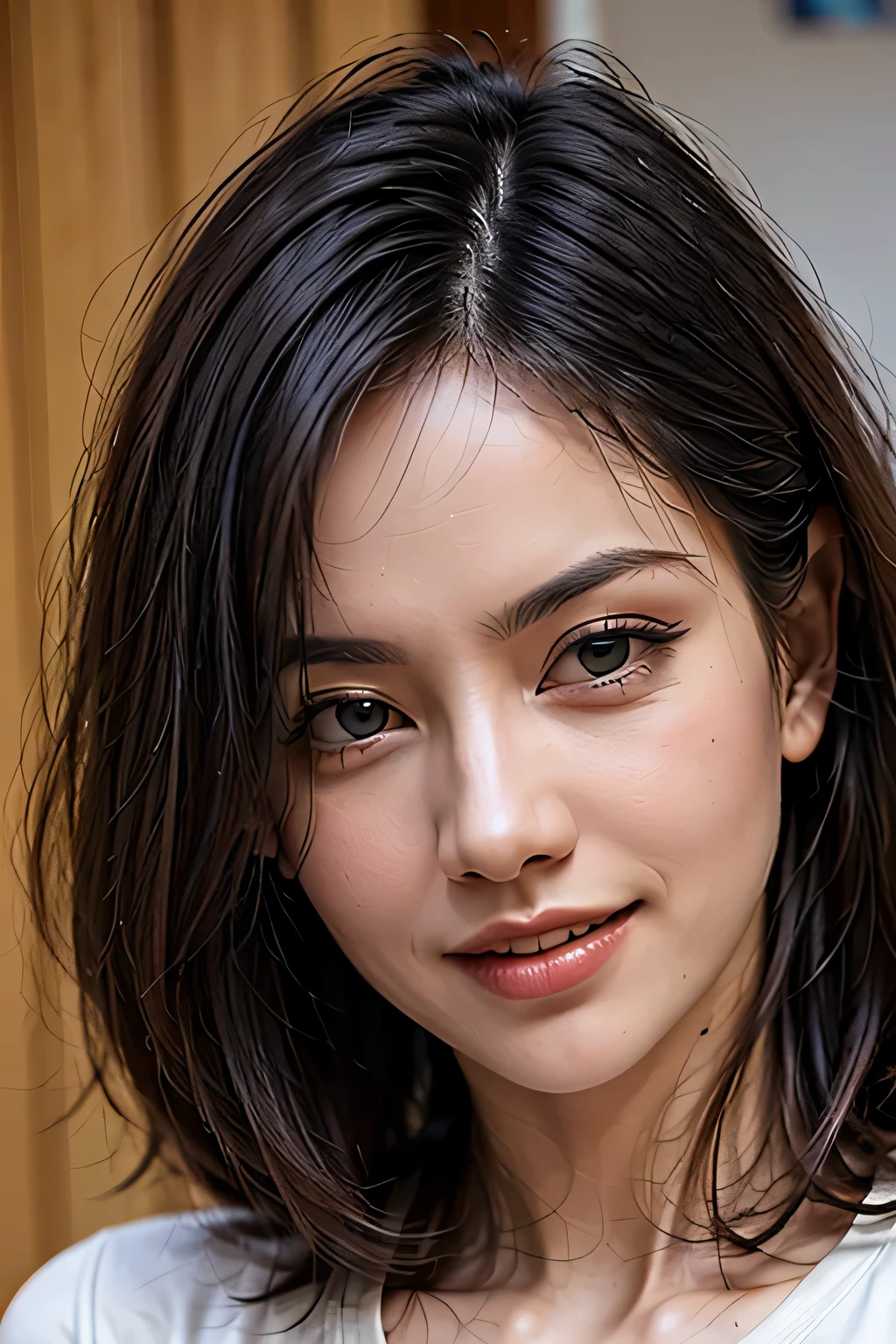 (8k, RAW Photos, highest quality, masterpiece, Realistic, Realistic), (1 female), (The ultimate beautiful Japanese MILF), Highly detailed face, (Perfect Teeth), Beautiful Eyes, double eyelid, eyelash, ((smile)), Lip details, (Neat brunette bob), The light shines on your face, (Big Breasts), ((Blue T-shirt)), (Upper Body), ((background: none))