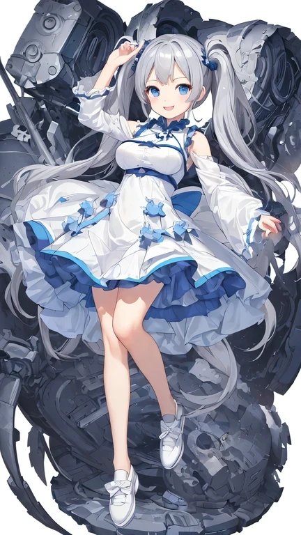 ((masterpiece、highest quality、whole body、Character portrait、front、White background))、anime、An illustration、Girl、low length、smile、Gray Hair、Long Hair、Twin tails、blue eyes、White short dress、Big Breasts、White shoes