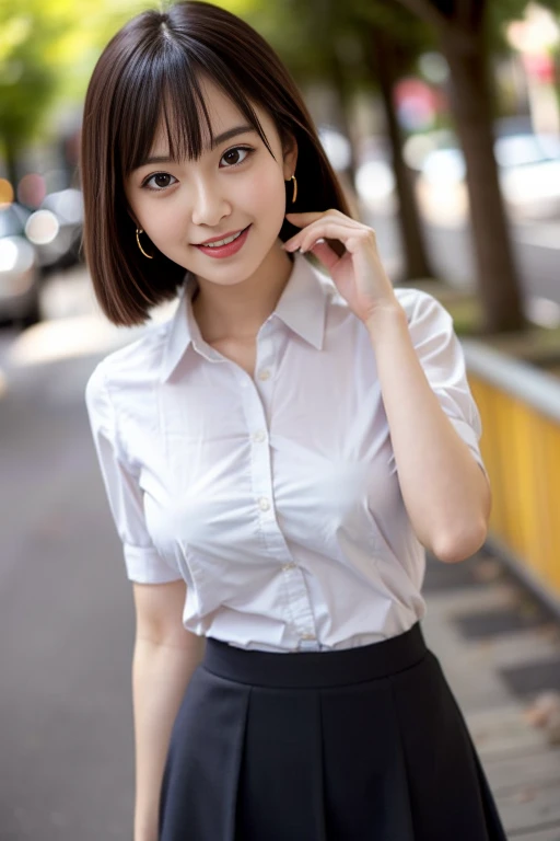 RAW Photos, highest quality, Realistic, Cute Japanese Girl, 女の子1 person, (Very slim and slender fit muscular body:1.3), ((View Viewer)),(Big smile:1.3), (No people in the background:1.3), Beautiful earrings, Front shot, (Big eyes), (whole bodyショット), Small breasts, ((Backtrack, Buckshot)), Upper Shot,（masterpiece）、Healthy thighs、(Narrow waist)、Big Ass、（Beautiful legs）、((Perfectly detailed five-fingered hands)),（Anatomically correct body）、((1 female:1.4))、Japanese、Asian、Realistic Skin、（Small chest：1.4）、Bust size is C cup、Pretty woman with perfect figure:1.4,(from the front:1.5), (Skin Textureの美しさを高める:1.1), (Beautiful fine details), (Detailed face),Beautiful realistic face,No makeup、美しいBlack Hair、The best smile、Natural color lip、(Small Mouth:1.2)、(Oval Face)、Even bangs、Hide eyebrows with bangs、((29-year-old woman))、Bob Hair、Hair blowing in the wind, (Black Hair, Iris, Watery eyes, Shining Eyes, Bob cut hair, Small earrings,), Hair behind the ear、No makeup、(Drooping eyes)、Drooping eye corners、女の子1 person, Cute Smile.whole body、(((1 personの素敵な女性)),((優しいBig smile)),(( Small breasts,Small breastsの谷間)),((((Plump Cheeks)))),((whole body：1.５))、(Narrow waist、Slender Body)、Sexy and cute look and cute 29-year-old, Hair blowing in the wind,C-cup breasts with firmness、Even bangs:1.4、whole bodyショット、,(((Beautiful woman boasting toned hips and muscular buttocks))),((( Shapely big ass))),(A toned waist is best:1.4),(((Attractive woman wearing a white collared shirt and tight skirt in the city,1 person、A young and cute gravure idol,A young and slender gravure idol, Young Sensual Gravure Idol,:1.3))),,Dress shirt, Beautiful, smooth skin, Skin Texture, Floating Hair,Professional Lighting,