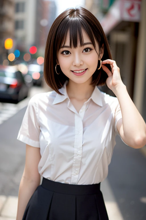 RAW Photos, highest quality, Realistic, Cute Japanese Girl, 女の子1 person, (Very slim and slender fit muscular body:1.3), ((View Viewer)),(Big smile:1.3), (No people in the background:1.3), Beautiful earrings, Front shot, (Big eyes), (whole bodyショット), Small breasts, ((Backtrack, Buckshot)), Upper Shot,（masterpiece）、Healthy thighs、(Narrow waist)、Big Ass、（Beautiful legs）、((Perfectly detailed five-fingered hands)),（Anatomically correct body）、((1 female:1.4))、Japanese、Asian、Realistic Skin、（Small chest：1.4）、Bust size is C cup、Pretty woman with perfect figure:1.4,(from the front:1.5), (Skin Textureの美しさを高める:1.1), (Beautiful fine details), (Detailed face),Beautiful realistic face,No makeup、美しいBlack Hair、The best smile、Natural color lip、(Small Mouth:1.2)、(Oval Face)、Even bangs、Hide eyebrows with bangs、((29-year-old woman))、Bob Hair、Hair blowing in the wind, (Black Hair, Iris, Watery eyes, Shining Eyes, Bob cut hair, Small earrings,), Hair behind the ear、No makeup、(Drooping eyes)、Drooping eye corners、女の子1 person, Cute Smile.whole body、(((1 personの素敵な女性)),((優しいBig smile)),(( Small breasts,Small breastsの谷間)),((((Plump Cheeks)))),((whole body：1.５))、(Narrow waist、Slender Body)、Sexy and cute look and cute 29-year-old, Hair blowing in the wind,C-cup breasts with firmness、Even bangs:1.4、whole bodyショット、,(((Beautiful woman boasting toned hips and muscular buttocks))),((( Shapely big ass))),(A toned waist is best:1.4),(((Attractive woman wearing a white collared shirt and tight skirt in the city,1 person、A young and cute gravure idol,A young and slender gravure idol, Young Sensual Gravure Idol,:1.3))),,Dress shirt, Beautiful, smooth skin, Skin Texture, Floating Hair,Professional Lighting,