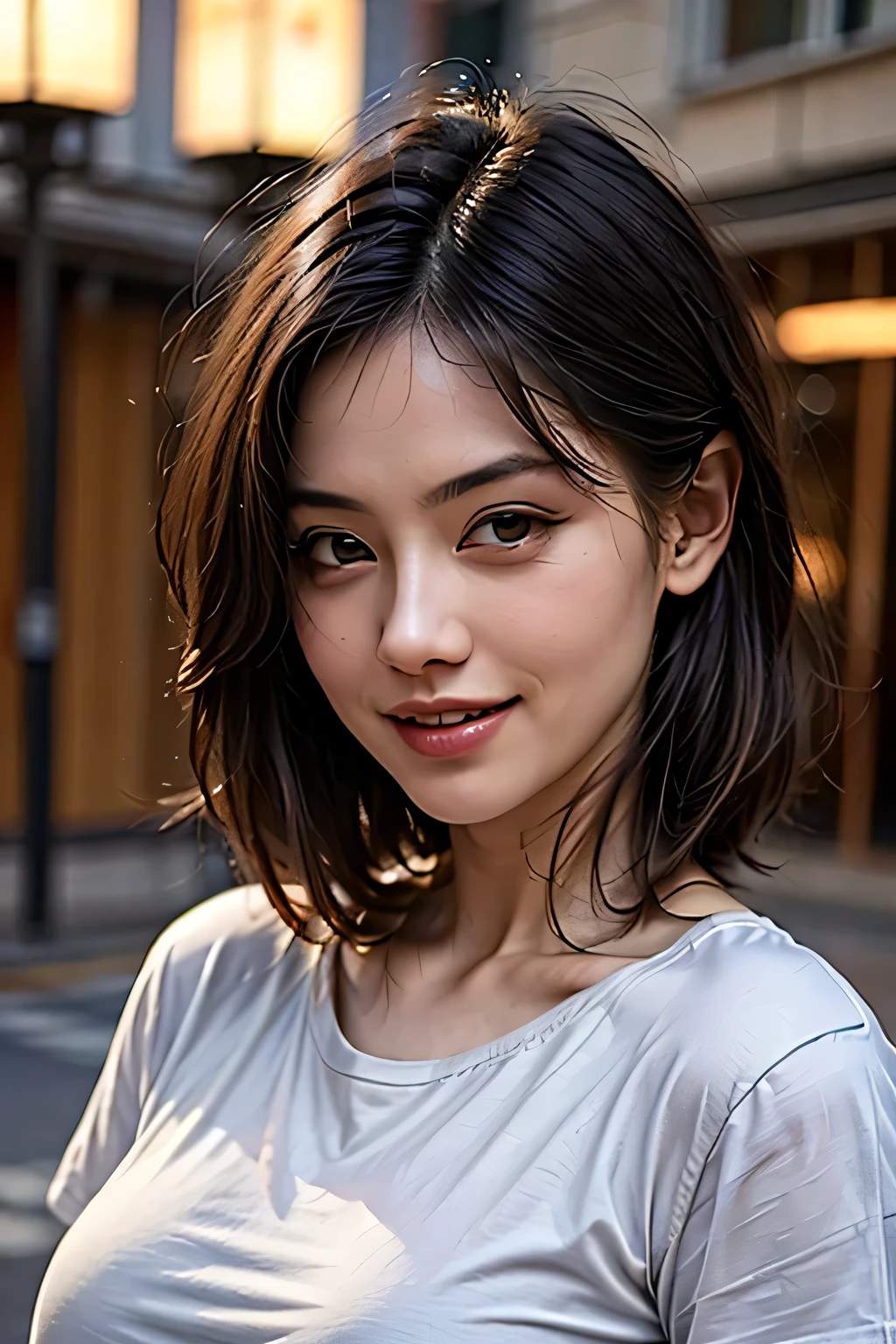 (8k, RAW Photos, highest quality, masterpiece, Realistic, Realistic), (1 female), (The ultimate beautiful Japanese MILF), Highly detailed face, (Perfect Teeth), Beautiful Eyes, double eyelid, eyelash, ((smile)), Lip details, (Neat brunette bob), The light shines on your face, (Big Breasts), ((Blue T-shirt)), (Upper Body), ((background: none))