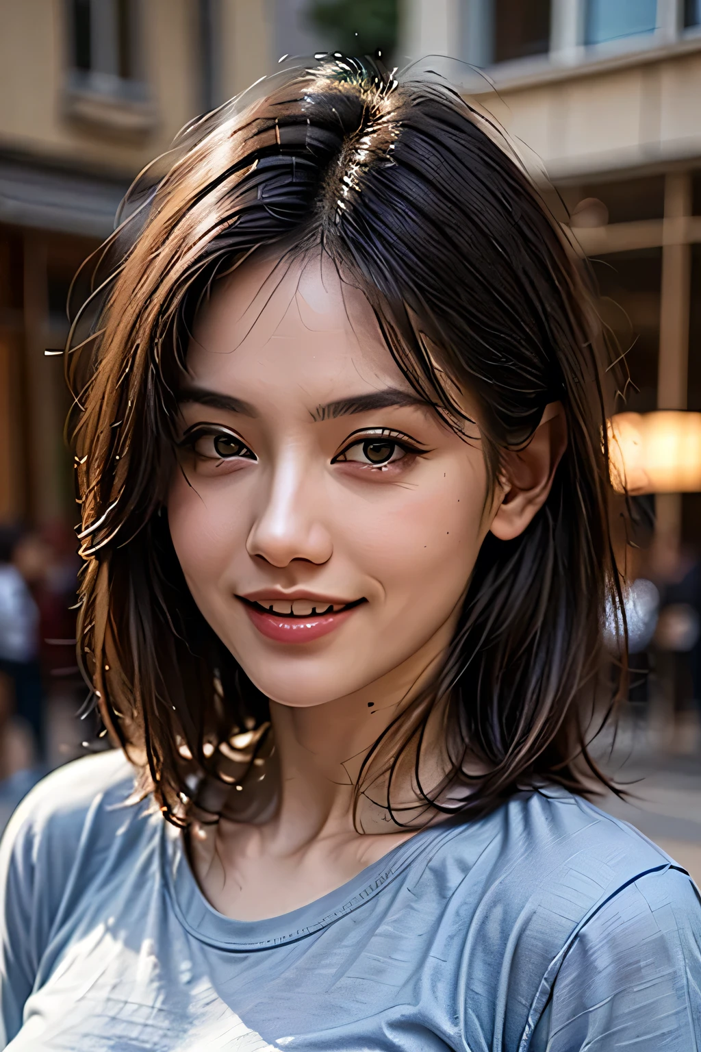 (8k, RAW Photos, highest quality, masterpiece, Realistic, Realistic), (1 female), (The ultimate beautiful Japanese MILF), Highly detailed face, (Perfect Teeth), Beautiful Eyes, double eyelid, eyelash, ((smile)), Lip details, (Neat brunette bob), The light shines on your face, (Big Breasts), ((Blue T-shirt)), (Upper Body), ((background: none))