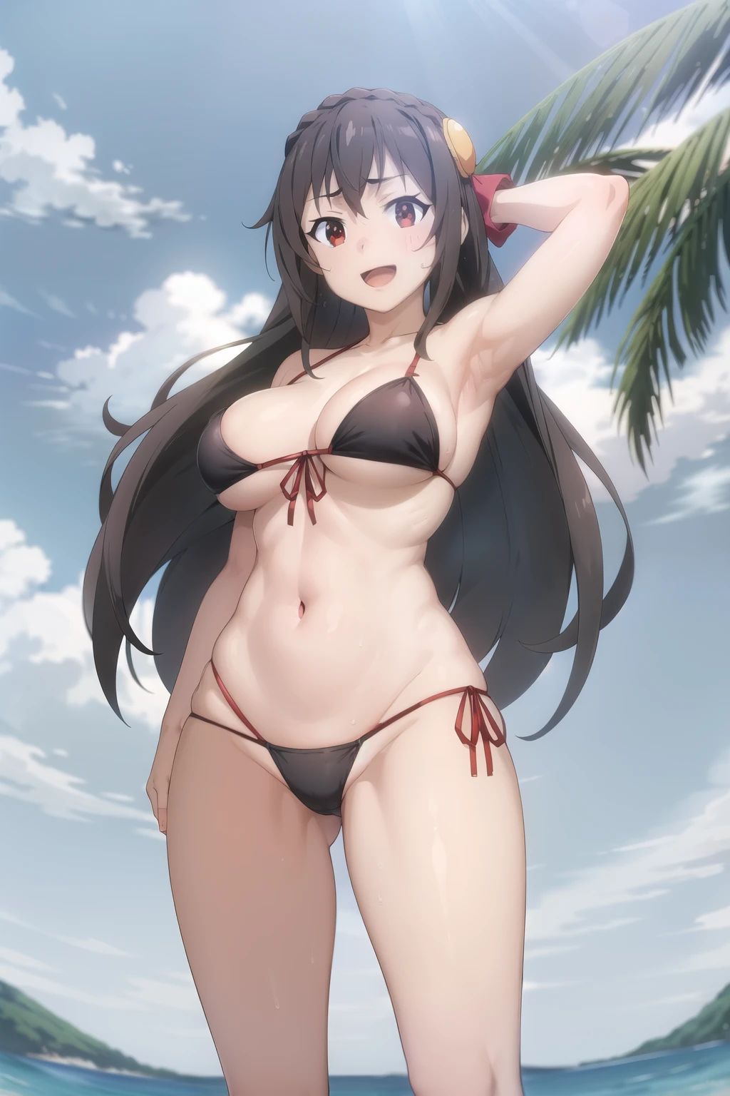 best quality, (masterpiece:1.2), highly detailed, standing, beach, age girl,
1girl, solo, yunyun,
looking at the viewer, open mouth, smile,
Red eyes, black hair, long hair, strapless bikini, white bikini, arms behind head, show both armpits , sweaty body, large breasts, from below 