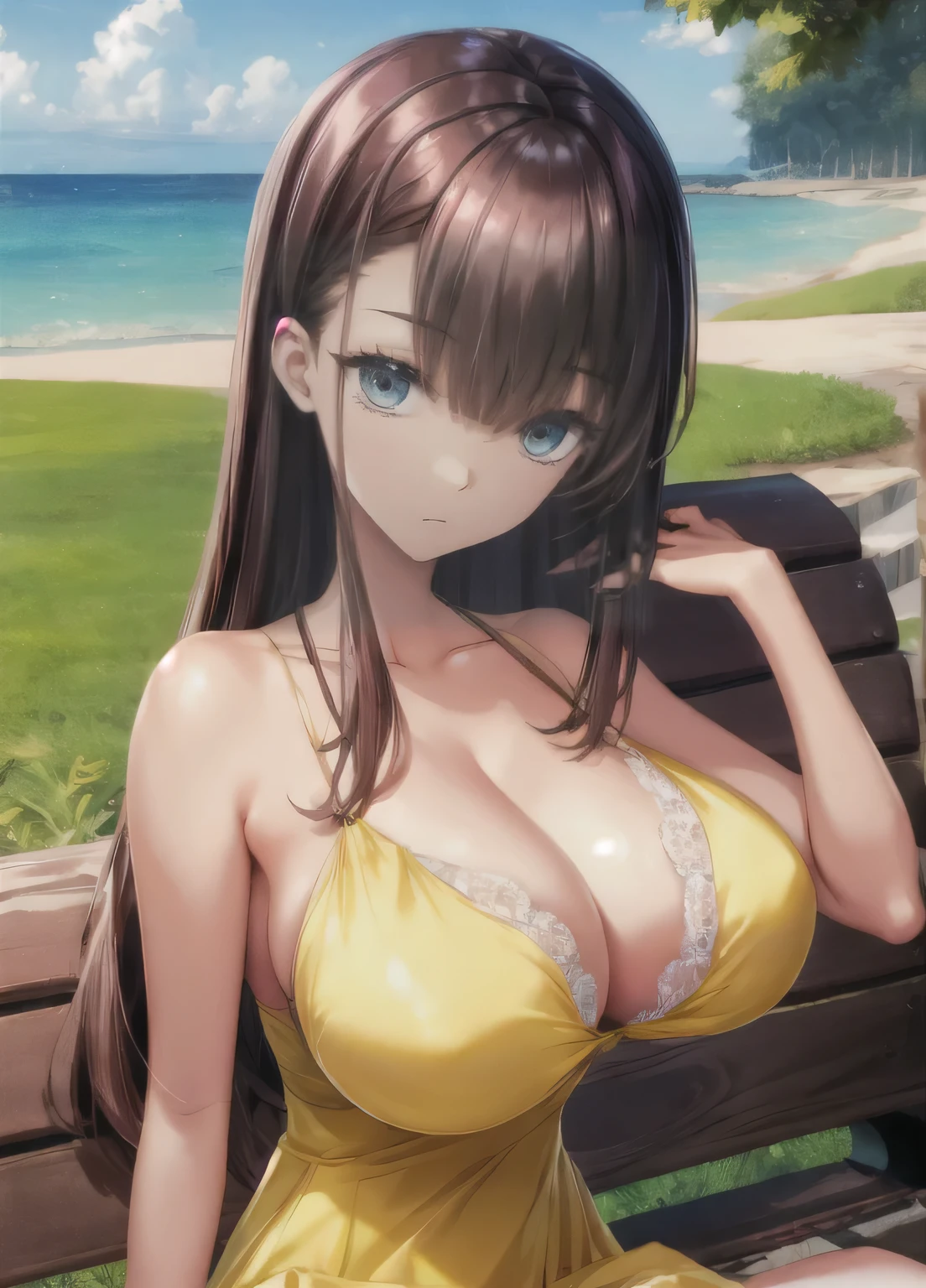 (masterpiece), highest quality, Expressive eyes, Perfect Face, Mature Woman, Light summer dress, Yellow Dress, Huge breasts, Cleavage, good, Outdoor, Sitting on a bench, Crossing your legs,