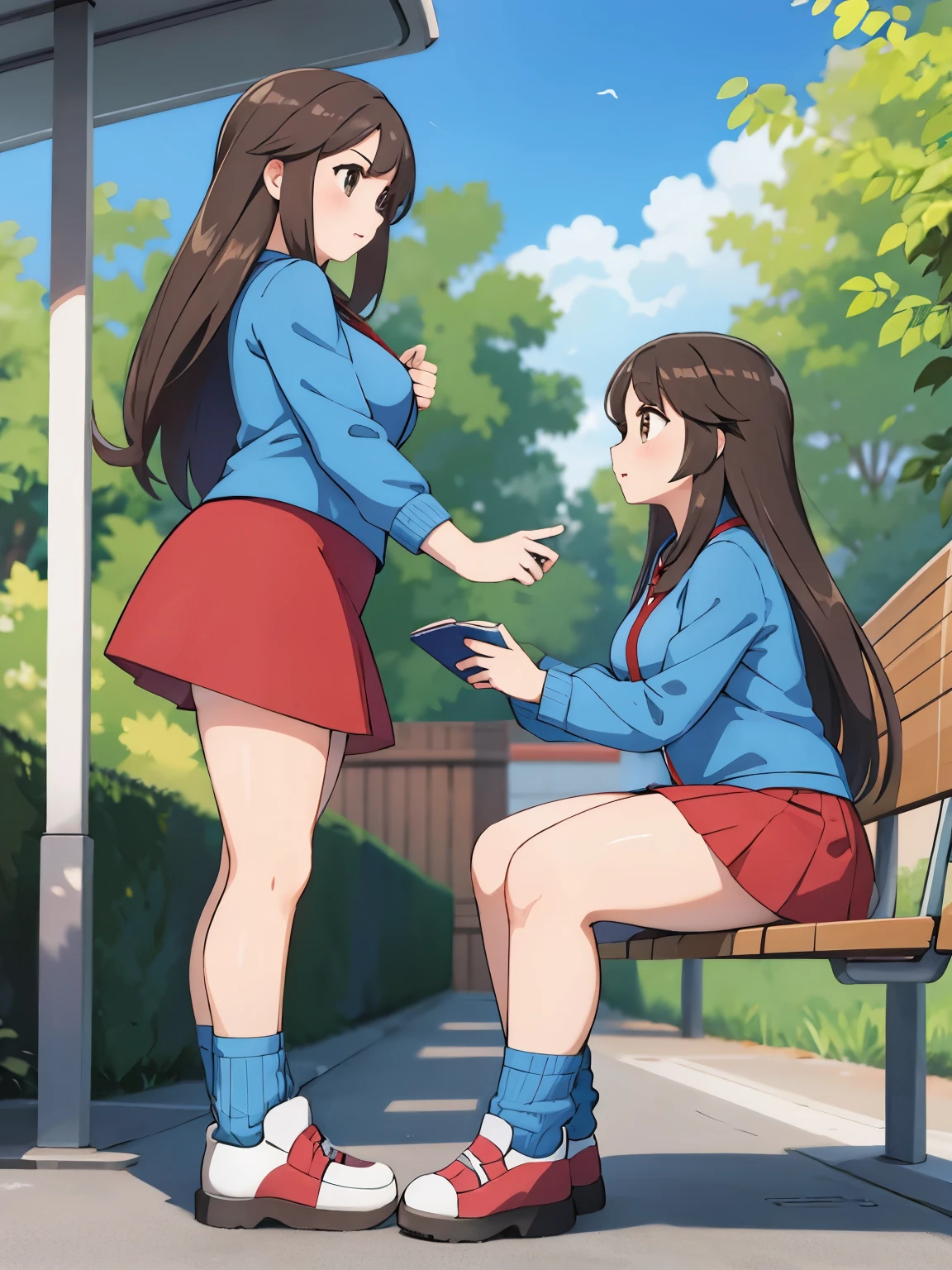 leaf pokemon sitting at a bus stop,focused,looking at a map, long hair,red skirt, blue shirt, brown eyes, loose socks, white footwear, upskirt, body shape, chubby thighs,confused, with a boyfriend,illustration,having a detailed face and expression,detailed hair,beautiful eyes and lips,daylight,urban landscape,clear sky,vivid colors,well-defined shadows side view,