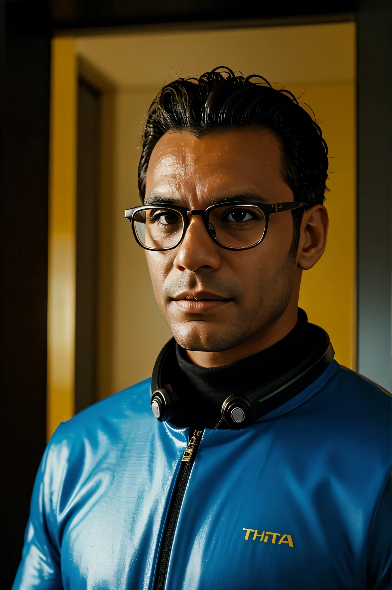 Homem ruivo usando uniforme espacial futurista, with glasses, imagem utra realista, cinematic style, 8k filme kodak