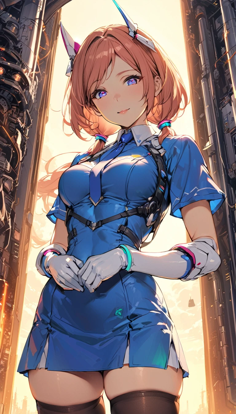 2d, masterpiece, best quality, anime, highly detailed face, highly detailed eyes, highly detailed background, perfect lighting, cowboy shot, 1girl, solo, aki rosenthal, collared dress, short dress, short sleeves, blue jacket, black thighhighs, detached hair, long hair, low twintails, bob cut, necktie, headgear, white gloves, elbow gloves, wide hips, smile, standing, spacecraft interior 