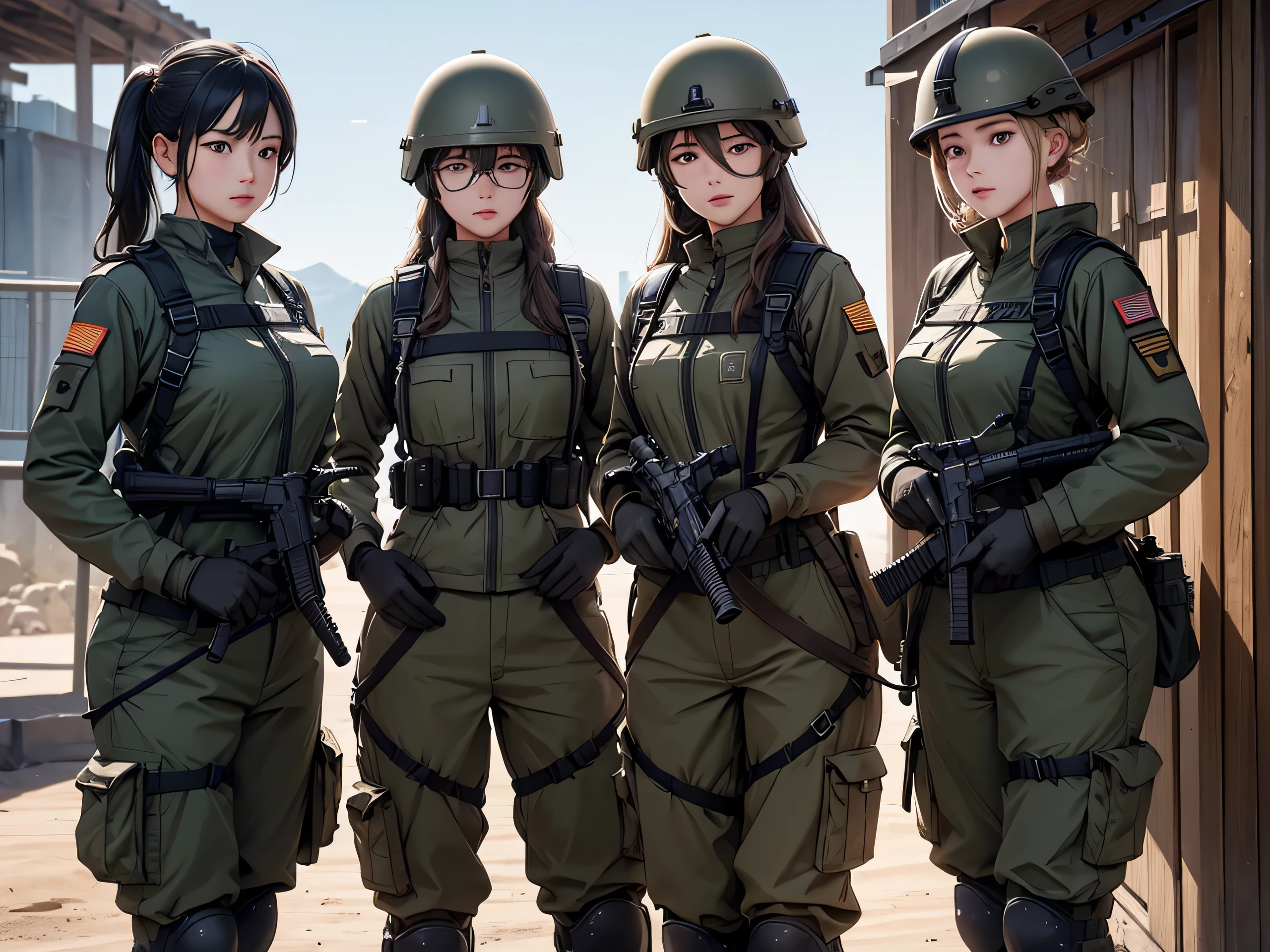 Four female soldiers wearing helmets,All gray military uniforms、Military Pants、Tactical harness、Military rifle in hand,Side-by-side stations,See the thighs,base,Write details、masterpiece、best quality、Highly detailed CG、8K picture quality、theater lighting、lens flare