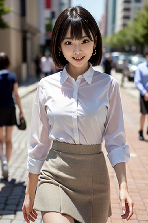 RAW Photos, highest quality, Realistic, Cute Japanese Girl, 女の子1 person, (Very slim and slender fit muscular body:1.3), ((View Viewer)),(Big smile:1.3), (No people in the background:1.3), Beautiful earrings, Front shot, (Big eyes), (whole bodyショット), Small breasts, ((Backtrack, Buckshot)), Upper Shot,（masterpiece）、Healthy thighs、(Narrow waist)、Big Ass、（Beautiful legs）、((Perfectly detailed five-fingered hands)),（Anatomically correct body）、((1 female:1.4))、Japanese、Asian、Realistic Skin、（Small chest：1.4）、Bust size is C cup、Pretty woman with perfect figure:1.4,(from the front:1.5), (Skin Textureの美しさを高める:1.1), (Beautiful fine details), (Detailed face),Beautiful realistic face,No makeup、美しいBlack Hair、The best smile、Natural color lip、(Small Mouth:1.2)、(Oval Face)、Even bangs、Hide eyebrows with bangs、((29-year-old woman))、Bob Hair、Hair blowing in the wind, (Black Hair, Iris, Watery eyes, Shining Eyes, Bob cut hair, Small earrings,), Hair behind the ear、No makeup、(Drooping eyes)、Drooping eye corners、女の子1 person, Cute Smile.whole body、(((1 personの素敵な女性)),((優しいBig smile)),(( Small breasts,Small breastsの谷間)),((((Plump Cheeks)))),((whole body：1.５))、(Narrow waist、Slender Body)、Sexy and cute look and cute 29-year-old, Hair blowing in the wind,C-cup breasts with firmness、Even bangs:1.4、whole bodyショット、,(((Beautiful woman boasting toned hips and muscular buttocks))),((( Shapely big ass))),(A toned waist is best:1.4),(((Attractive woman wearing a white collared shirt and tight skirt in the city,1 person、A young and cute gravure idol,A young and slender gravure idol, Young Sensual Gravure Idol,:1.3))),,Dress shirt, Beautiful, smooth skin, Skin Texture, Floating Hair,Professional Lighting,