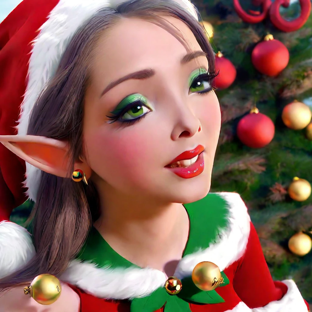 a cute elf woman, intricate green outfit with red trim and bells, santa's workshop, toy assembly line, happy expression, detailed face, beautiful eyes, small nose, lovely lips, long eyelashes, detailed hands, (best quality,4k,8k,highres,masterpiece:1.2),ultra-detailed,(realistic,photorealistic,photo-realistic:1.37),fantasy,illustration,digital painting,vibrant colors,warm lighting,christmas theme,whimsical

