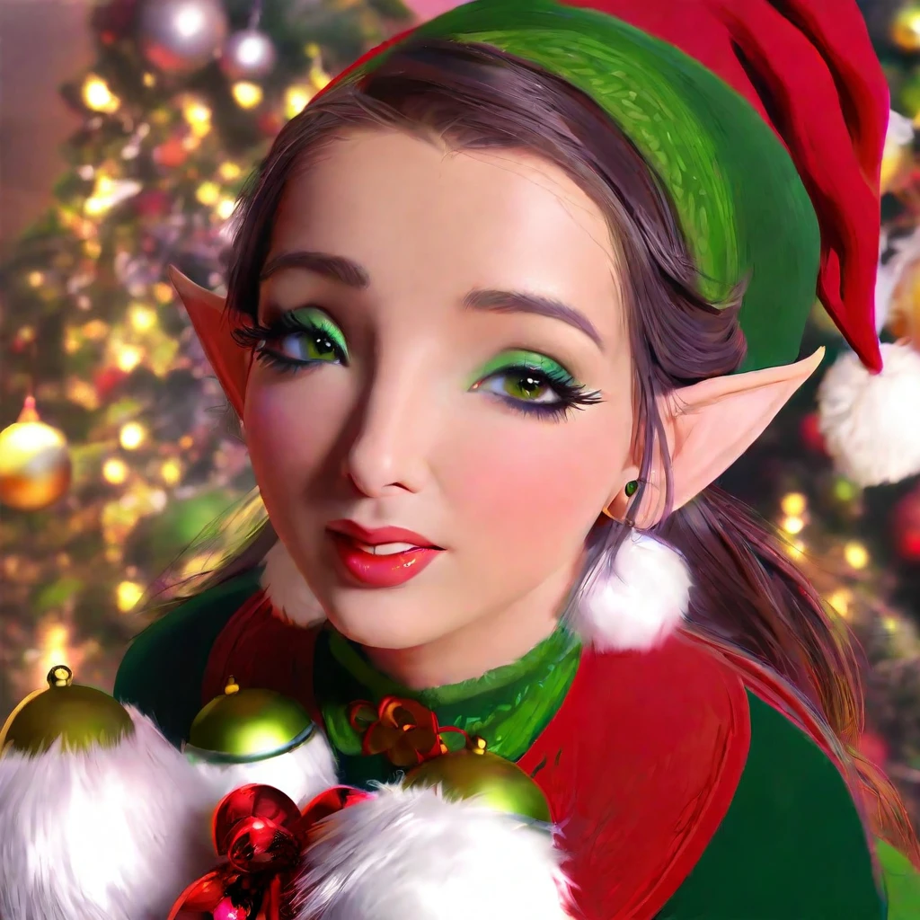 a cute elf woman, intricate green outfit with red trim and bells, santa's workshop, toy assembly line, happy expression, detailed face, beautiful eyes, small nose, lovely lips, long eyelashes, detailed hands, (best quality,4k,8k,highres,masterpiece:1.2),ultra-detailed,(realistic,photorealistic,photo-realistic:1.37),fantasy,illustration,digital painting,vibrant colors,warm lighting,christmas theme,whimsical
