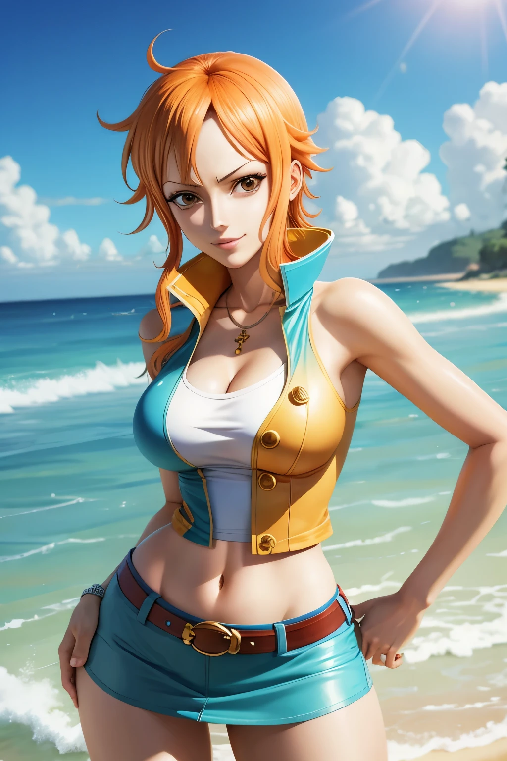 fantasy style waist shot portrait of Nami from One Piece dressed in a skimpy pirate outfit, highly detailed, photorealism, digital painting, artstation, concept art, sharp focus, illustration, best quality, 4k, art by artgerm and greg rutkowski and alphonse mucha