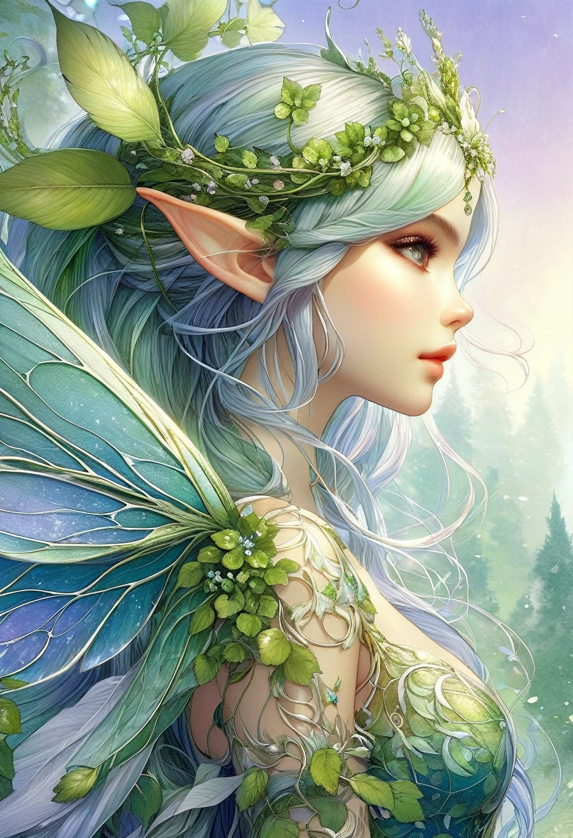 Character Close-up( Perfect anatomical structure ) Beautiful and extremely fine texture，Cute girl forest elf with vine flowers on her head(elf ears),

                                 She has transparent feather wings, fairy wings, in the misty woods(thick fog),

                 charming luster, Highly detailed art romantic, outstanding, Like a dream, Fantasy elves,Fine brushwork watercolor texture, complex, clear and high-quality masterpiece，Extremely complex and exquisitely detailed, ultra-detailed fantasy characters, Ultra-detailed digital art, concept art