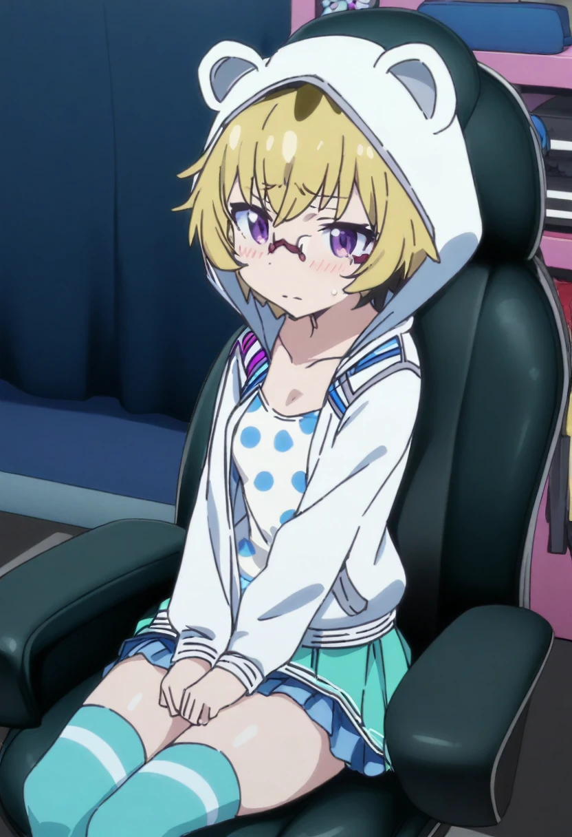 1 girl, solo, Ito, hood with animal ears, white hoodie, blonde hair, glasses, multicolored hair, blue polka dot panties, purple eyes, short hair, aqua skirt, socks, sitting on gamer chair,