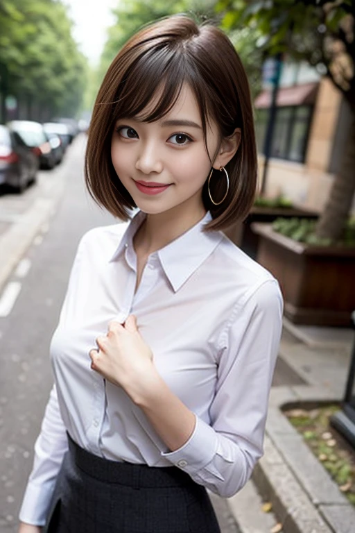 RAW Photos, highest quality, Realistic, Cute Japanese Girl, 女の子1 person, (Very slim and slender fit muscular body:1.3), ((View Viewer)),(Big smile:1.3), (No people in the background:1.3), Beautiful earrings, Front shot, (Big eyes), (whole bodyショット), Small breasts, ((Backtrack, Buckshot)), Upper Shot,（masterpiece）、Healthy thighs、(Narrow waist)、Big Ass、（Beautiful legs）、((Perfectly detailed five-fingered hands)),（Anatomically correct body）、((1 female:1.4))、Japanese、Asian、Realistic Skin、（Small chest：1.4）、Bust size is C cup、Pretty woman with perfect figure:1.4,(from the front:1.5), (Skin Textureの美しさを高める:1.1), (Beautiful fine details), (Detailed face),Beautiful realistic face,No makeup、美しいBlack Hair、The best smile、Natural color lip、(Small Mouth:1.2)、(Oval Face)、Even bangs、Hide eyebrows with bangs、((29-year-old woman))、Bob Hair、Hair blowing in the wind, (Black Hair, Iris, Watery eyes, Shining Eyes, Bob cut hair, Small earrings,), Hair behind the ear、No makeup、(Drooping eyes)、Drooping eye corners、女の子1 person, Cute Smile.whole body、(((1 personの素敵な女性)),((優しいBig smile)),(( Small breasts,Small breastsの谷間)),((((Plump Cheeks)))),((whole body：1.５))、(Narrow waist、Slender Body)、Sexy and cute look and cute 29-year-old, Hair blowing in the wind,C-cup breasts with firmness、Even bangs:1.4、whole bodyショット、,(((Beautiful woman boasting toned hips and muscular buttocks))),((( Shapely big ass))),(A toned waist is best:1.4),(((Attractive woman wearing a white collared shirt and tight skirt in the city,1 person、A young and cute gravure idol,A young and slender gravure idol, Young Sensual Gravure Idol,:1.3))),,Dress shirt, Beautiful, smooth skin, Skin Texture, Floating Hair,Professional Lighting,