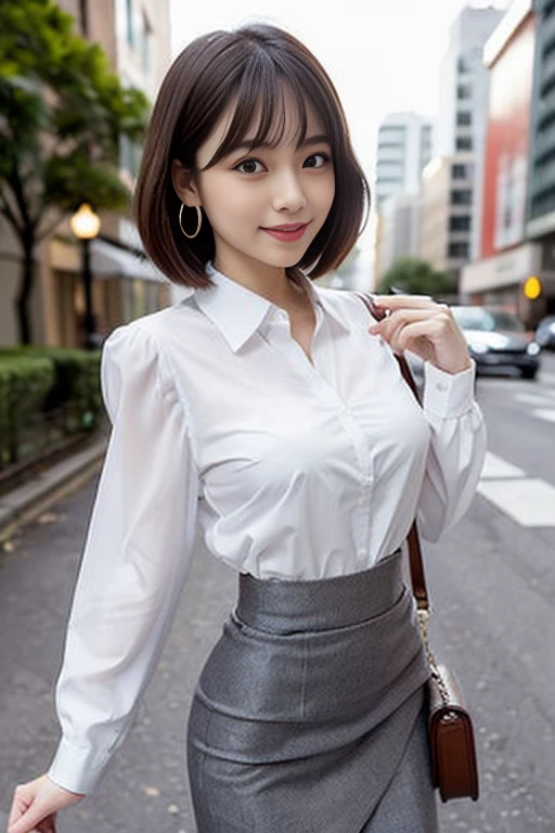 RAW Photos, highest quality, Realistic, Cute Japanese Girl, 女の子1 person, (Very slim and slender fit muscular body:1.3), ((View Viewer)),(Big smile:1.3), (No people in the background:1.3), Beautiful earrings, Front shot, (Big eyes), (whole bodyショット), Small breasts, ((Backtrack, Buckshot)), Upper Shot,（masterpiece）、Healthy thighs、(Narrow waist)、Big Ass、（Beautiful legs）、((Perfectly detailed five-fingered hands)),（Anatomically correct body）、((1 female:1.4))、Japanese、Asian、Realistic Skin、（Small chest：1.4）、Bust size is C cup、Pretty woman with perfect figure:1.4,(from the front:1.5), (Skin Textureの美しさを高める:1.1), (Beautiful fine details), (Detailed face),Beautiful realistic face,No makeup、美しいBlack Hair、The best smile、Natural color lip、(Small Mouth:1.2)、(Oval Face)、Even bangs、Hide eyebrows with bangs、((29-year-old woman))、Bob Hair、Hair blowing in the wind, (Black Hair, Iris, Watery eyes, Shining Eyes, Bob cut hair, Small earrings,), Hair behind the ear、No makeup、(Drooping eyes)、Drooping eye corners、女の子1 person, Cute Smile.whole body、(((1 personの素敵な女性)),((優しいBig smile)),(( Small breasts,Small breastsの谷間)),((((Plump Cheeks)))),((whole body：1.５))、(Narrow waist、Slender Body)、Sexy and cute look and cute 29-year-old, Hair blowing in the wind,C-cup breasts with firmness、Even bangs:1.4、whole bodyショット、,(((Beautiful woman boasting toned hips and muscular buttocks))),((( Shapely big ass))),(A toned waist is best:1.4),(((Attractive woman wearing a white collared shirt and tight skirt in the city,1 person、A young and cute gravure idol,A young and slender gravure idol, Young Sensual Gravure Idol,:1.3))),,Dress shirt, Beautiful, smooth skin, Skin Texture, Floating Hair,Professional Lighting,