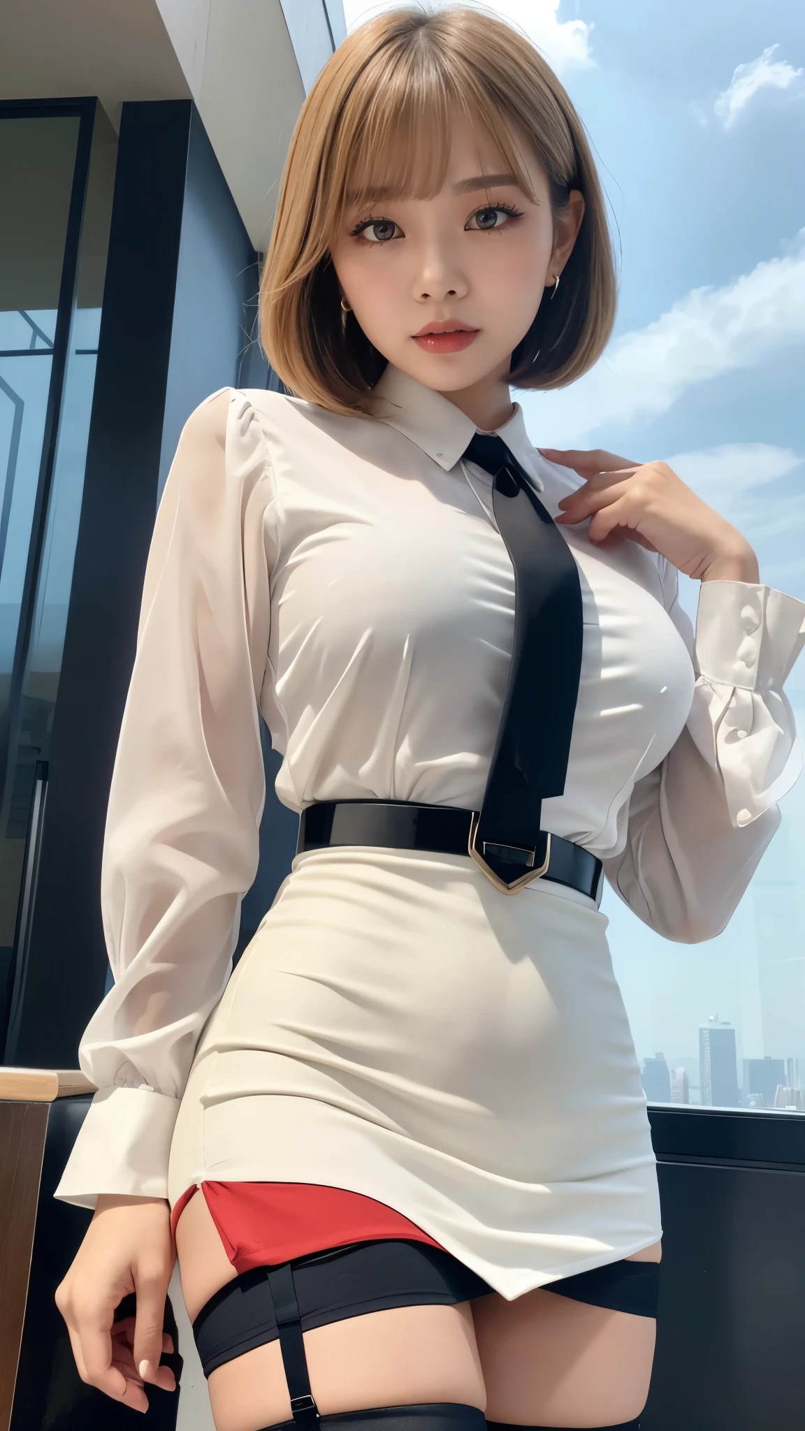 Thai Idol　Short blonde hair with bangs

　white blouse　black tight skirt　garter belt　stockings　(lanyard id card)　Mature Woman　35 years old　red rouge plump lips　round face　Plump　Eyes meet　Office on the top floor of a skyscraper　Female President　Sweaty and see-through clothes　Fold your arms bossily