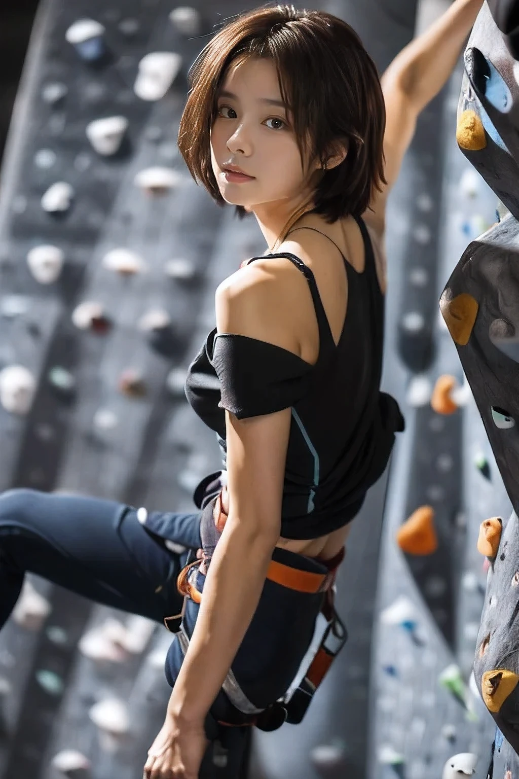 (18 year old woman bouldering climbing a wall:1.5)、(Stern profile:1.2)、(The best quality at its best:1.4), (Super detailed), (Very detailed CG unified 16k), Beautiful woman with perfect figure: 1.4, Sharp focus: 1.2, Very detailed, High-quality RAW color photos, Professional photography, Great face and eyes, cosmetics, (Amazingly beautiful girl), ((bouldering wear:1.5)), Sexy posture，(View from below), Realistic movie faces, Full body long view from head to toe, Realistic, ((Realistic natural orange red hairstyle, Realistic blue eyes)), ( Short Bob Hair:1.5), (necklace:1.5)、, Very beautiful face, Perfect model beauty, Mouth swelling, Highly detailed face and skin texture, Fine grain, double eyelid, Medium chest, (masterpiece), highest quality, High resolution, Very detailed, Blurred Background, Depth of written boundary, Cinema Lighting, Great legs, , Clear, well-maintained skin,