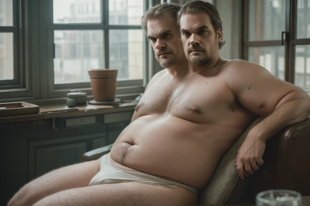 (((2heads))), solo, ((((david harbour)))), middle aged, male, short graying hair, ((obese, overweight, fat, chubby, heavy, dadbod)), ((shirtless, briefs)), navel, body hair, dreamy atmosphere, dark cyan and red, i can't believe how beautiful this is, serene atmosphere, epic realistic, soft cinematic light, hdr, intricate, highly detailed, (depth of field:1.4), faded, (neutral colors:1.2), (hdr:1.4), (muted colors:1.2), hyperdetailed, (artstation:1.4), cinematic, dramatic light, (intricate details:1.1), dim room scenery, (rutkowski:0.66), (intricate details) (skin texture:1.2), detailed expressions, natural pose, sitting on recliner