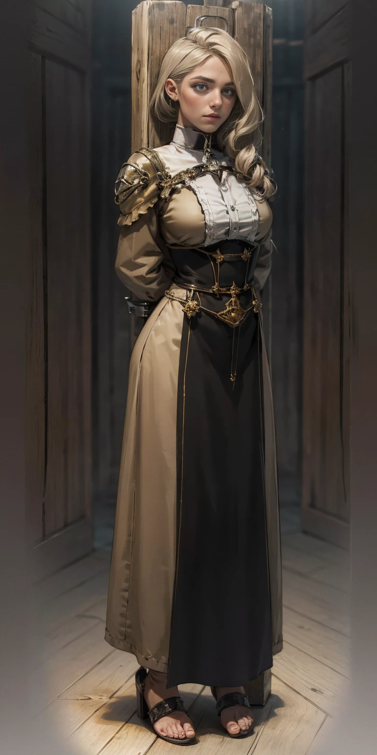 (masterpiece, best quality), intricate details, 1girl, Mercedes von Martritz, (standing full body toe to head by wooden pole:1.2), iron collar, arms behind back, iron cuffs, shackles, bound,