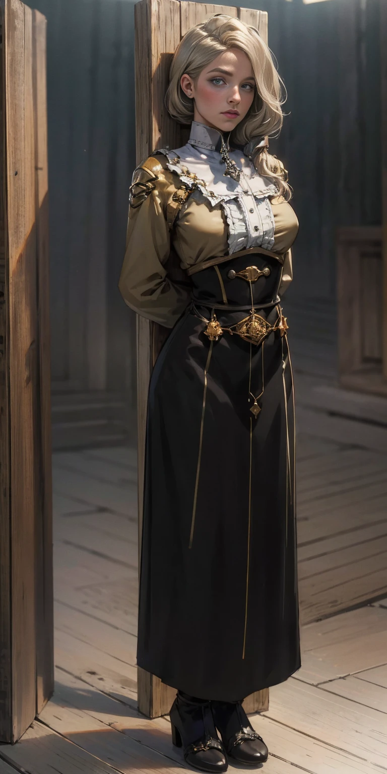 (masterpiece, best quality), intricate details, 1girl, Mercedes von Martritz, (standing full body toe to head by wooden pole:1.2), iron collar, arms behind back, iron cuffs, shackles, bound,