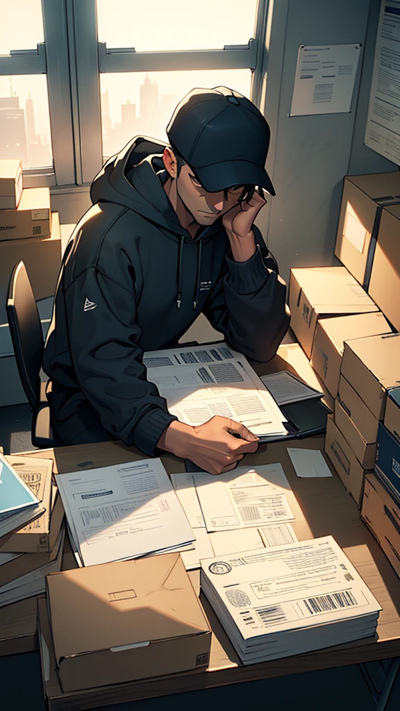 A man wear trucker har, wear navy hoodie, Amidst the muted hum of an office on the precipice of upheaval, an employee, clutching a sheet of folded paper in trembling hands, sits before an imposing mahogany desk. His brows furrowed, eyes wide, mouth agape in a mixture of confusion, sadness, and surprise. The once pristine workspace is now a cluttered landscape of cardboard boxes, each one representing the imminent loss of work and comfort.
Suspended in the air above the scene hovers a manager's silhouette, cast long and ominous by the setting sun filtering in through the office window. The superior's expression remains shrouded in shadow