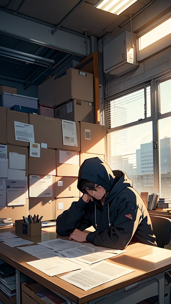 A man wear trucker har, wear navy hoodie, Amidst the muted hum of an office on the precipice of upheaval, an employee, clutching a sheet of folded paper in trembling hands, sits before an imposing mahogany desk. His brows furrowed, eyes wide, mouth agape in a mixture of confusion, sadness, and surprise. The once pristine workspace is now a cluttered landscape of cardboard boxes, each one representing the imminent loss of work and comfort.
Suspended in the air above the scene hovers a manager's silhouette, cast long and ominous by the setting sun filtering in through the office window. The superior's expression remains shrouded in shadow
