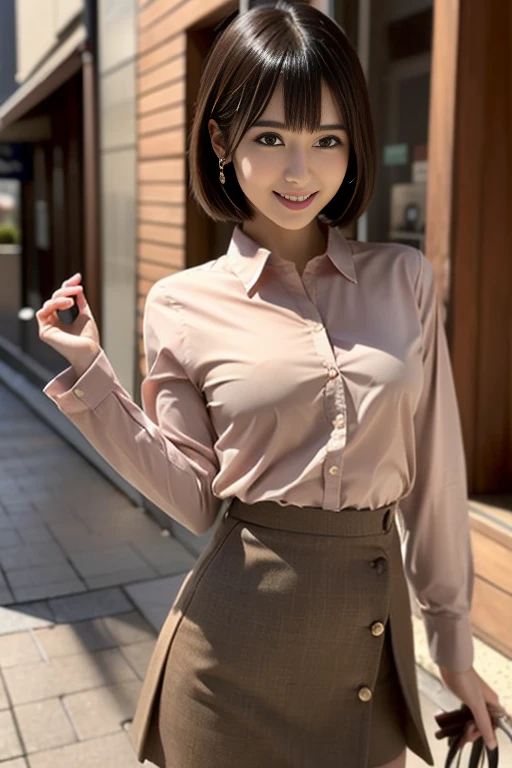 RAW Photos, highest quality, Realistic, Cute Japanese Girl, 女の子1 person, (Very slim and slender fit muscular body:1.3), ((View Viewer)),(Big smile:1.3), (No people in the background:1.3), Beautiful earrings, Front shot, (Big eyes), (whole bodyショット), Small breasts, ((Backtrack, Buckshot)), Upper Shot,（masterpiece）、Healthy thighs、(Narrow waist)、Big Ass、（Beautiful legs）、((Perfectly detailed five-fingered hands)),（Anatomically correct body）、((1 female:1.4))、Japanese、Asian、Realistic Skin、（Small chest：1.4）、Bust size is C cup、Pretty woman with perfect figure:1.4,(from the front:1.5), (Skin Textureの美しさを高める:1.1), (Beautiful fine details), (Detailed face),Beautiful realistic face,No makeup、美しいBlack Hair、The best smile、Natural color lip、(Small Mouth:1.2)、(Oval Face)、Even bangs、Hide eyebrows with bangs、((29-year-old woman))、Bob Hair、Hair blowing in the wind, (Black Hair, Iris, Watery eyes, Shining Eyes, Bob cut hair, Small earrings,), Hair behind the ear、No makeup、(Drooping eyes)、Drooping eye corners、女の子1 person, Cute Smile.whole body、(((1 personの素敵な女性)),((優しいBig smile)),(( Small breasts,Small breastsの谷間)),((((Plump Cheeks)))),((whole body：1.５))、(Narrow waist、Slender Body)、Sexy and cute look and cute 29-year-old, Hair blowing in the wind,C-cup breasts with firmness、Even bangs:1.4、whole bodyショット、,(((Beautiful woman boasting toned hips and muscular buttocks))),((( Shapely big ass))),(A toned waist is best:1.4),(((Attractive woman wearing a white collared shirt and tight skirt in the city,1 person、A young and cute gravure idol,A young and slender gravure idol, Young Sensual Gravure Idol,:1.3))),,Dress shirt, Beautiful, smooth skin, Skin Texture, Floating Hair,Professional Lighting,