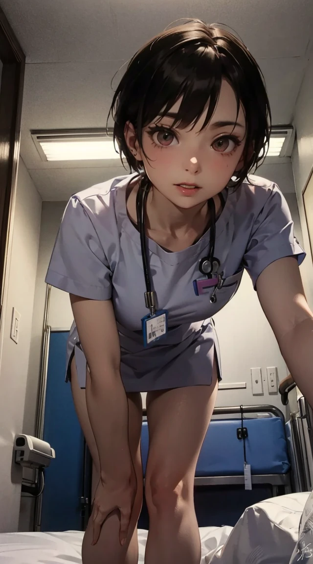 A Female mature robot loves herself. she wears nothing. Her Brown very short pigtails is tied with two big red clothespins, mature, android, Blue eyes, full body, Height: 160cm, flushed cheeks, sweat bucket. full body shot, looking straight. Her smile is complete.show White pantie, Looking at the audience, kissing to the audience. Leaning back Destroyed White of the eyes whole body Lying face up on a gynecological operating table she looks back with his eyes closed and his mouth wide open 2020s anime drawings A beautiful robot wearing green surgical gown(Half-naked)